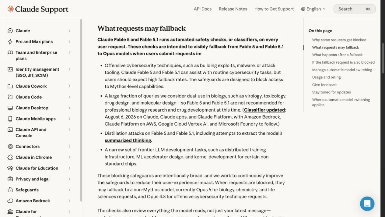 Claude Support page listing the request categories that can visibly fall back from Fable 5 or Fable 5.1 to an Opus model