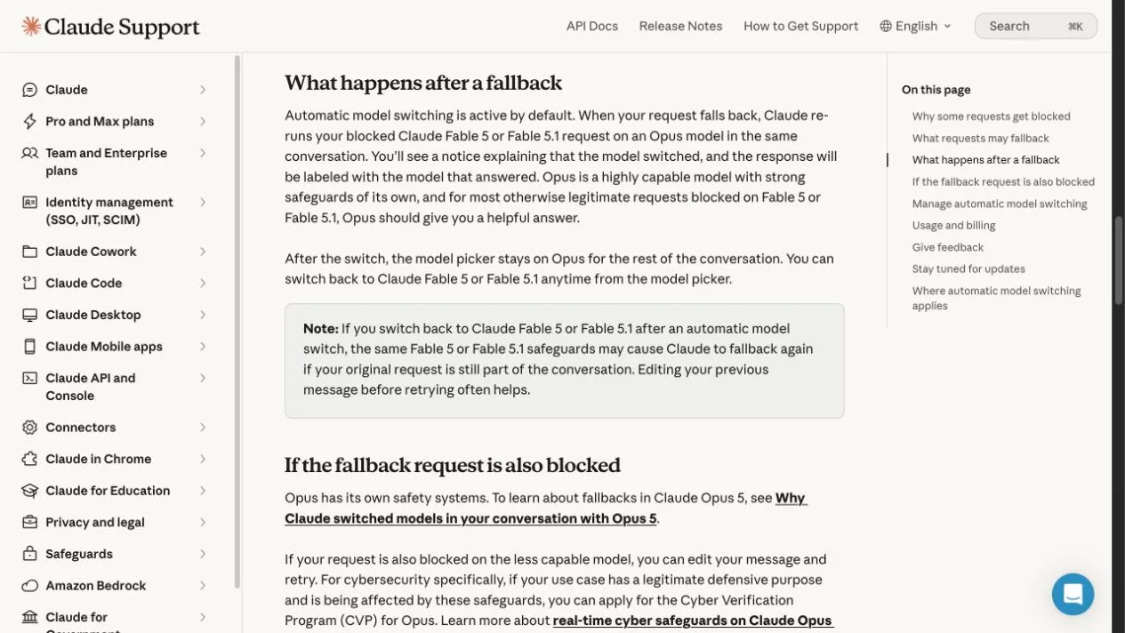 Claude Support explanation that a blocked Fable request is rerun on Opus and that the model picker remains on Opus for the rest of the conversation
