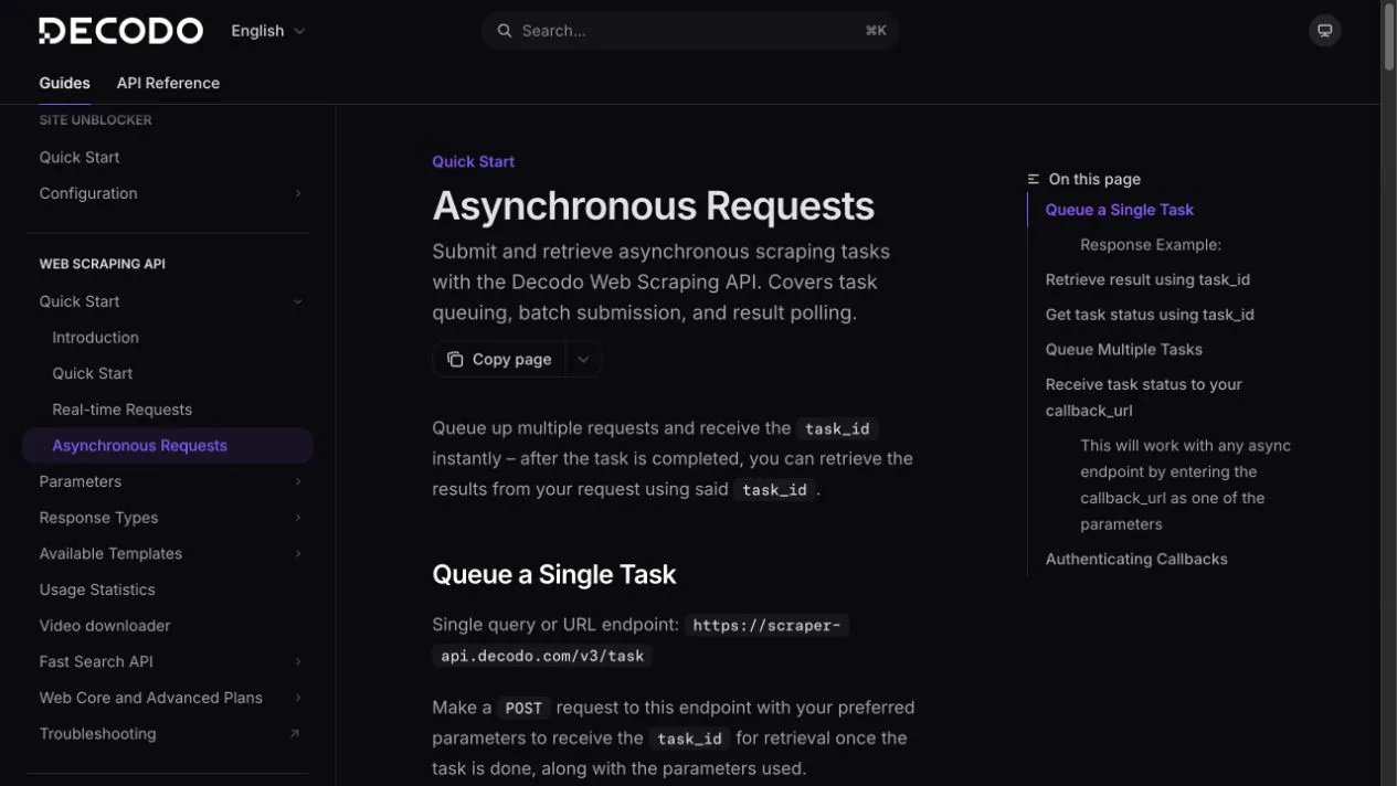 Official Decodo asynchronous requests documentation showing task queuing, task IDs, status retrieval, batch requests, and callbacks.