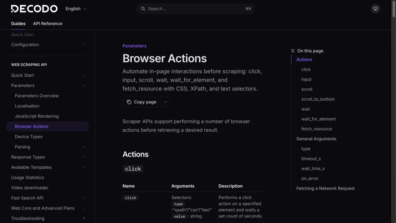 Official Decodo Browser Actions documentation listing click, input, scroll, wait, wait for element, and fetch resource actions.