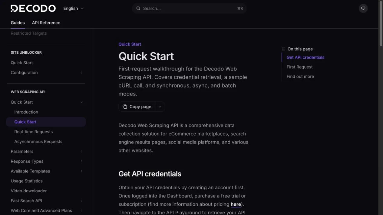 Official Decodo Web Scraping API quick-start documentation showing credentials, first request, and synchronous, asynchronous, and batch modes.