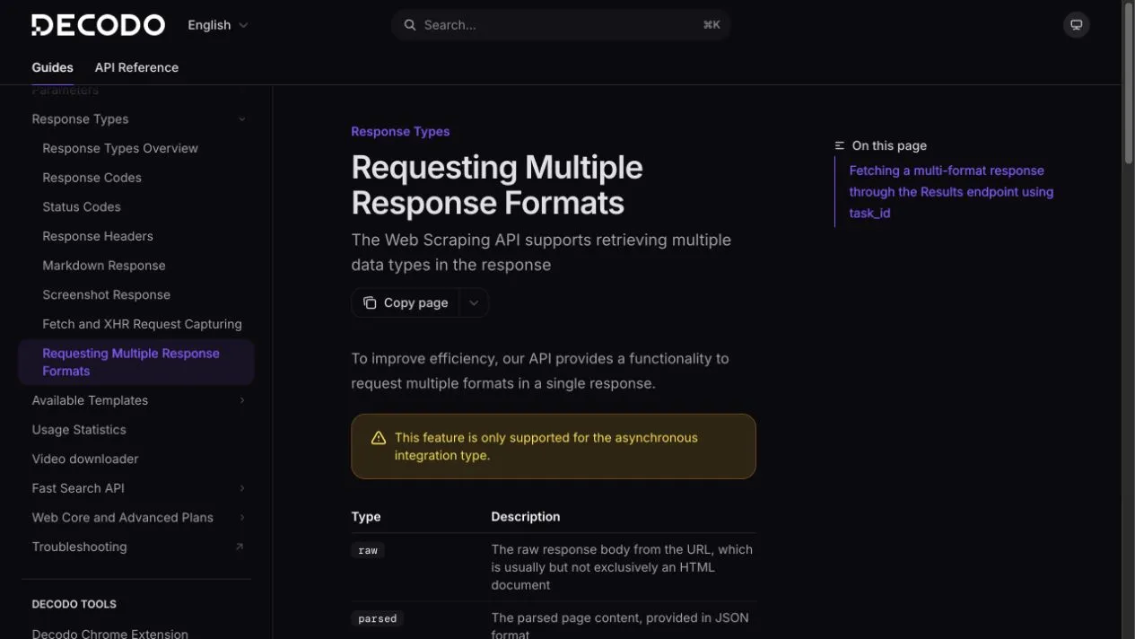 Official Decodo documentation showing asynchronous multi-format results including raw, parsed, Markdown, XHR, and PNG.