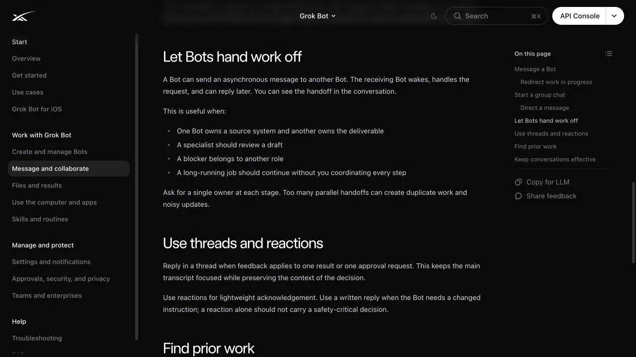 Official SpaceXAI documentation explaining asynchronous Grok Bot handoffs and when to use them