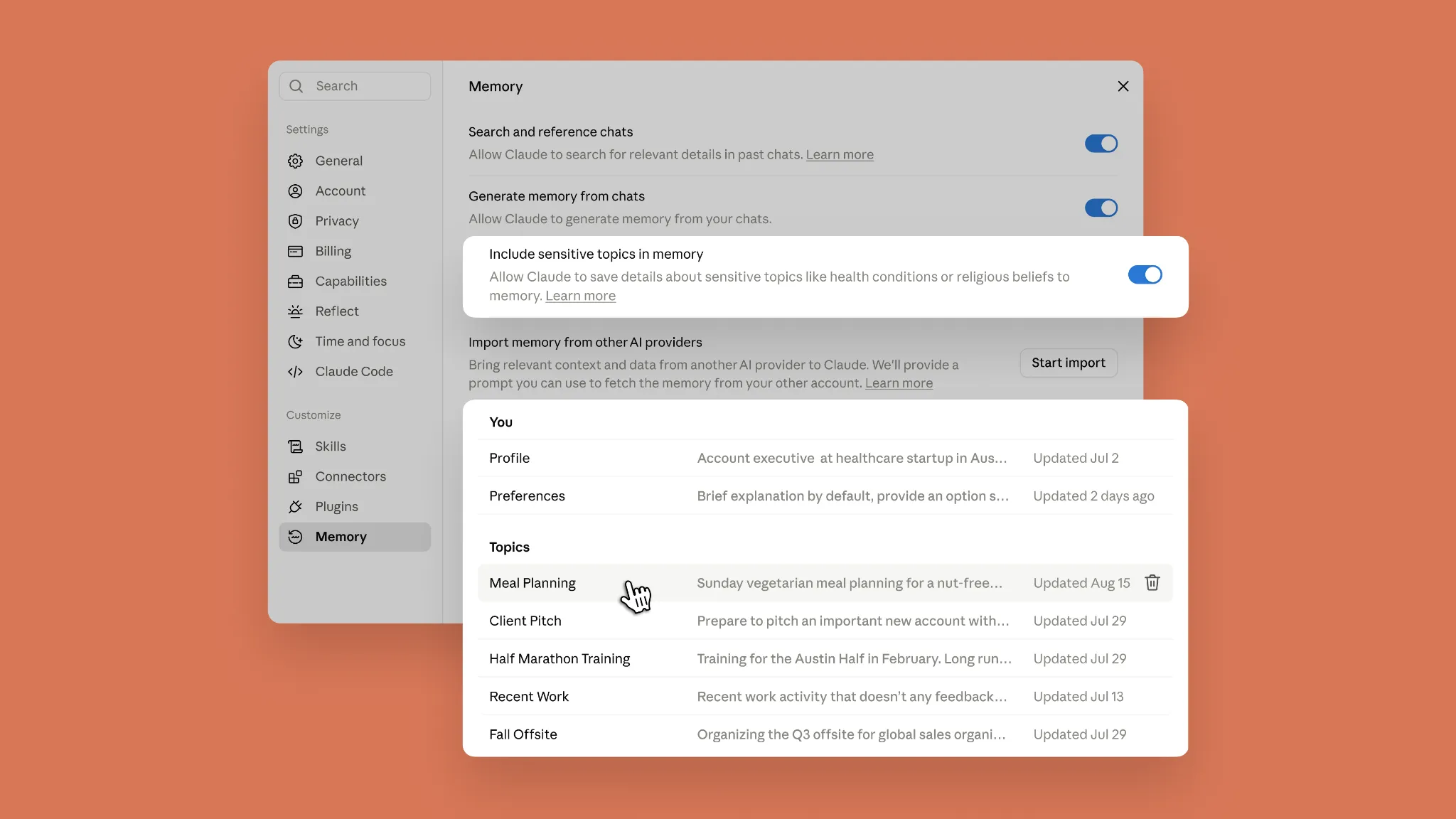 Claude Settings Memory screen with separate chat-search, memory-generation, sensitive-topic, import, profile, preference, and topic controls