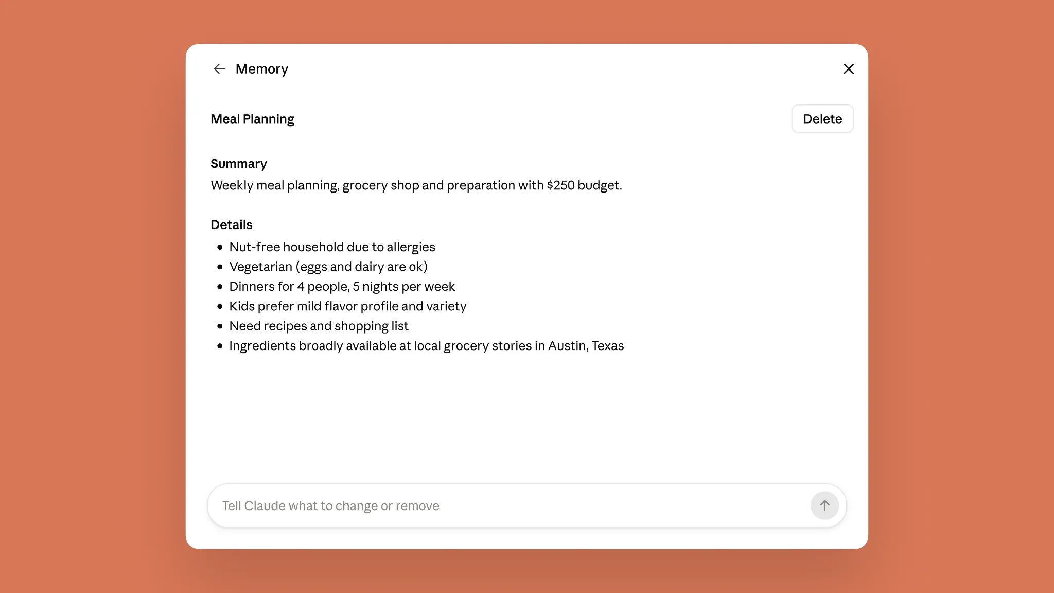 Claude memory topic detail screen with a summary, supporting details, a Delete button, and an input for changing or removing remembered information