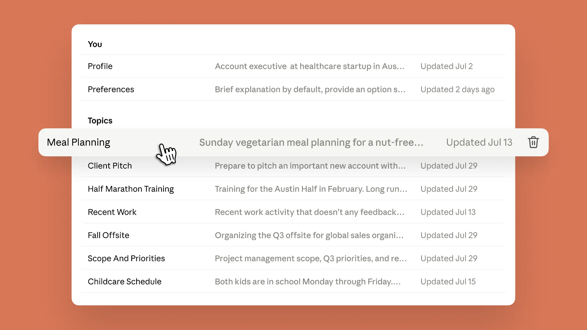 Claude Memory Topics list showing named topic files with summaries, update dates, and a highlighted meal-planning entry