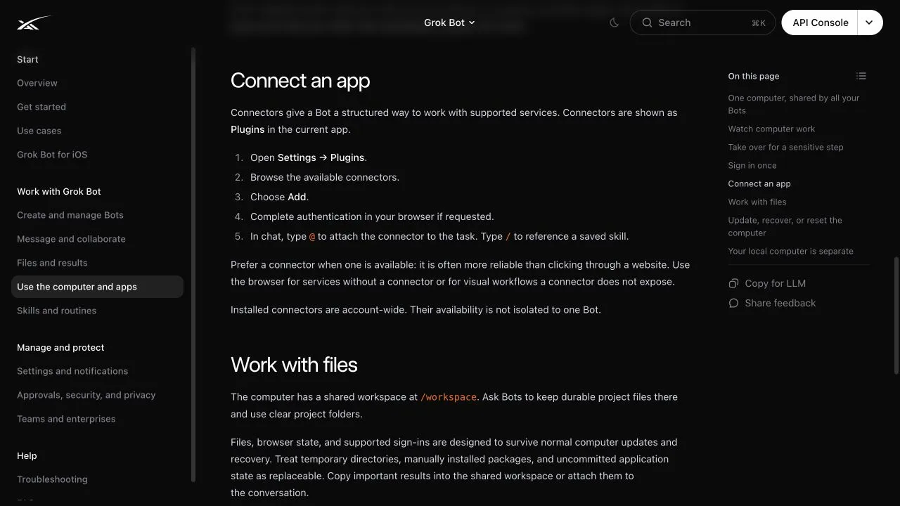 Official SpaceXAI documentation showing how to connect an app from Grok Bot Settings and Plugins