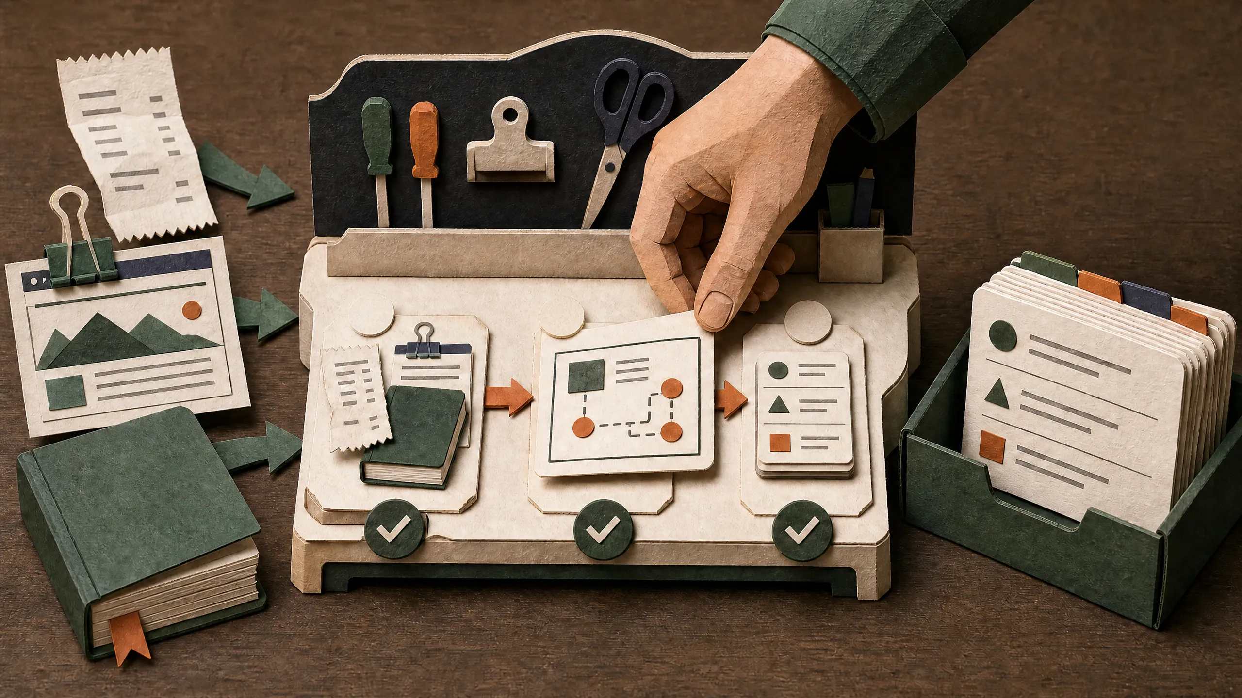 Hand-cut paper workshop turning source pages into a reusable deck of workflow cards