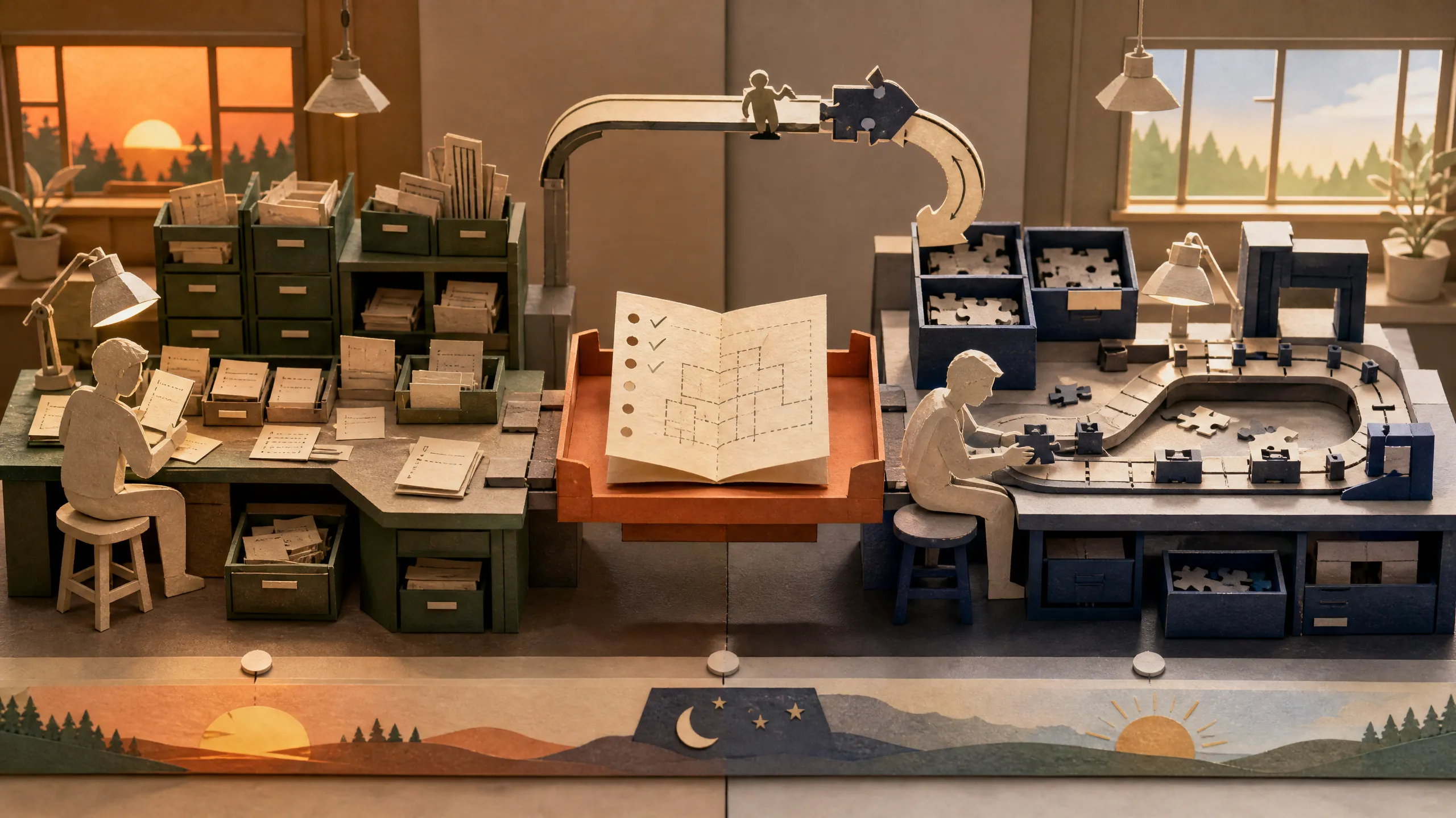 A folded project plan passes from a research desk to a coding and test workbench for review.