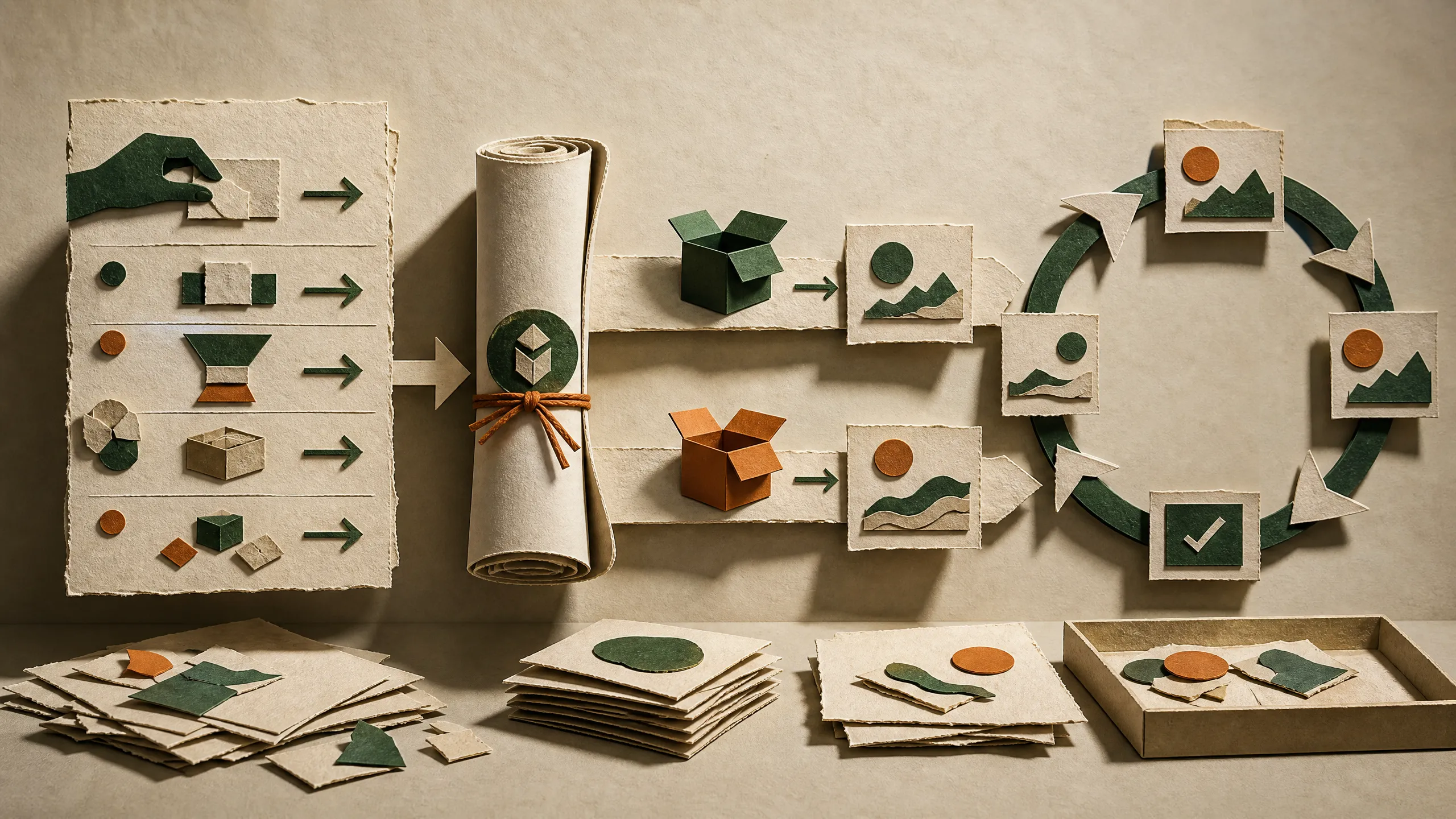 Hand-cut paper workflow moving from a manual checklist to a skill card, a two-lane evaluation, and one precise repair patch.