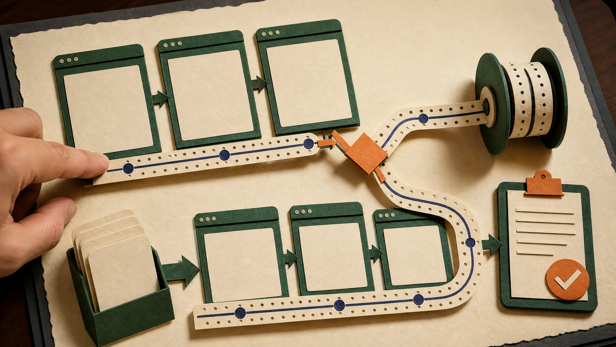 Paper diorama of a hand demonstrating a browser sequence that winds into a reusable instruction reel.