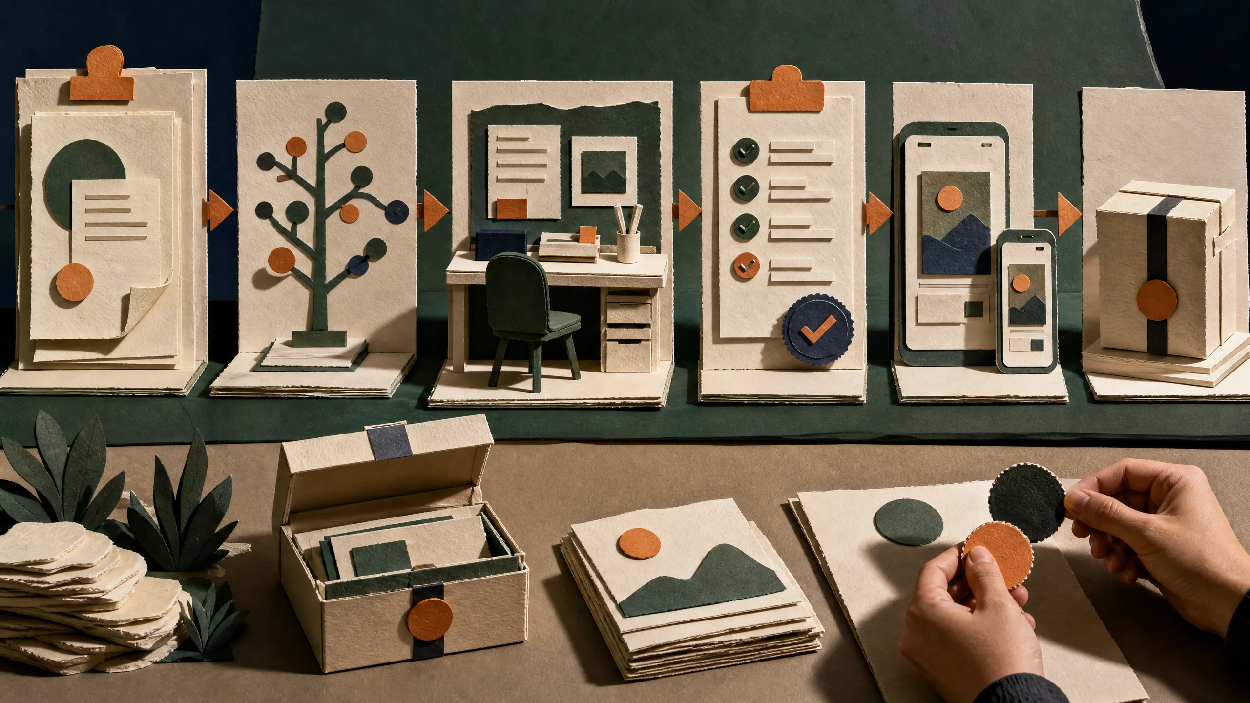 Hand-cut paper feature moving through scope, inspection, implementation, test, visual review, and a labeled rollback checkpoint.
