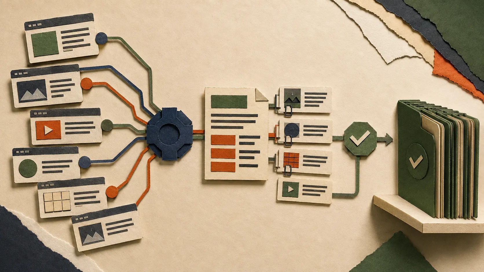 Paper web source cards connected to an evidence-backed brief that is checked before entering an organised knowledge shelf.