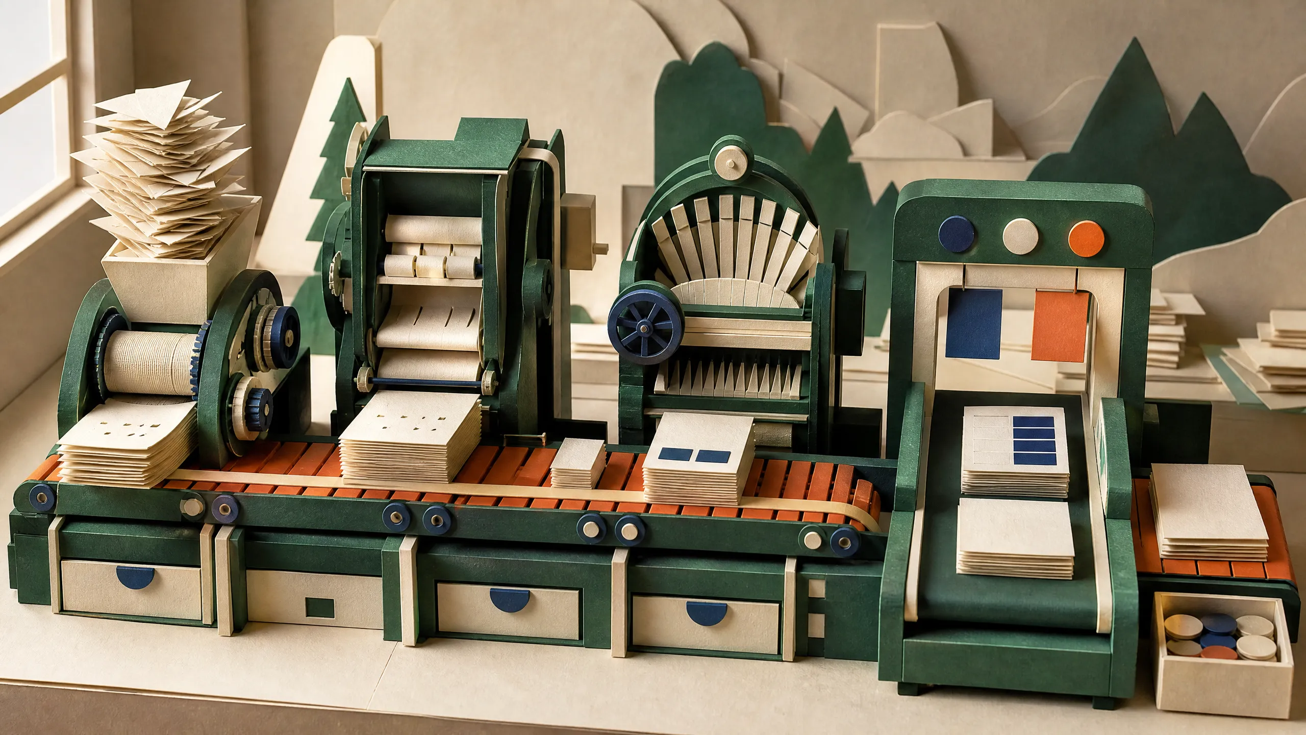 Three compact paper machines process stacks of routine tasks on a shared conveyor beside a small coin tray.