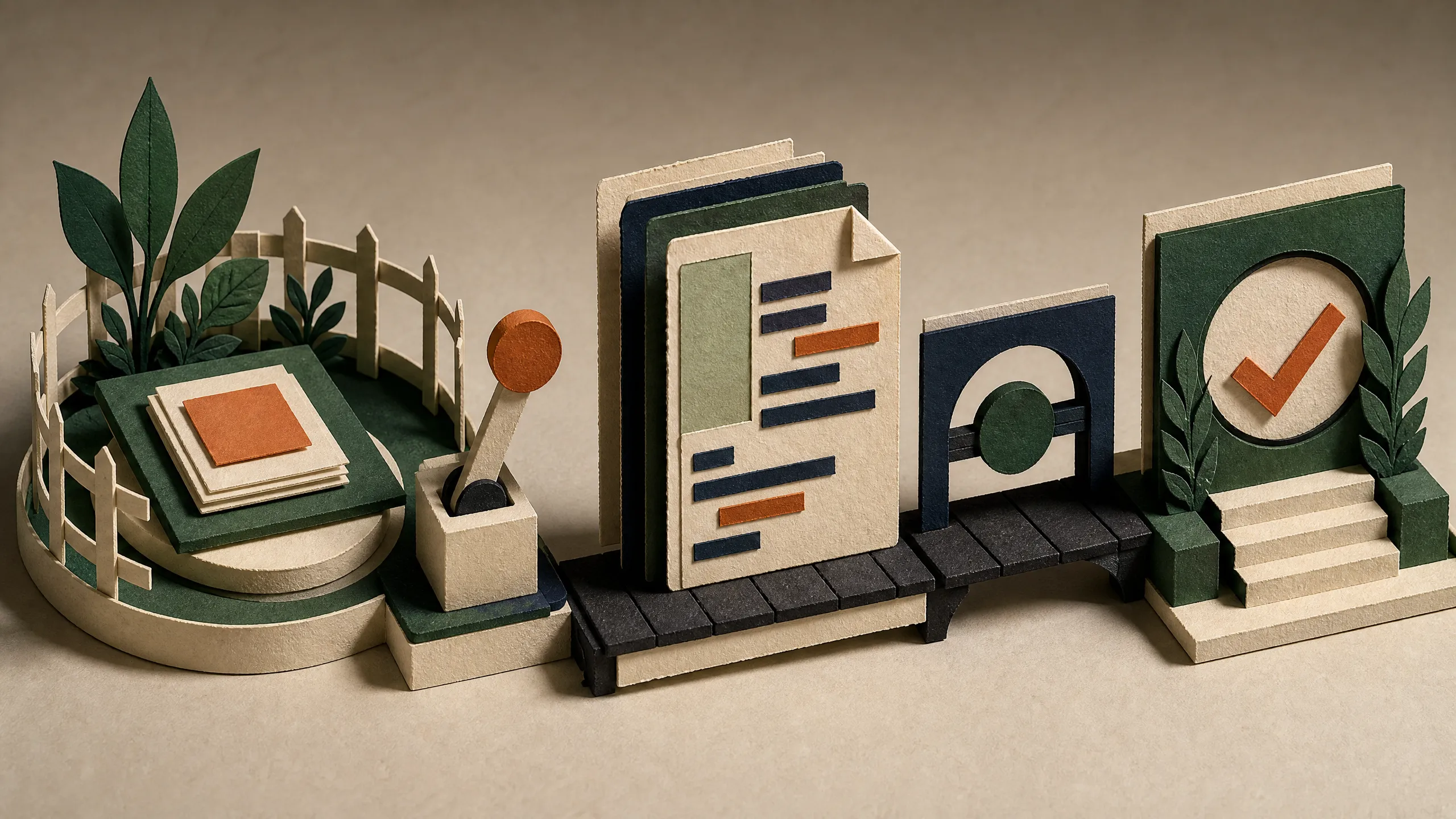 Hand-cut paper permission gate in front of file, diff, terminal, review, checkpoint, and restore stations.