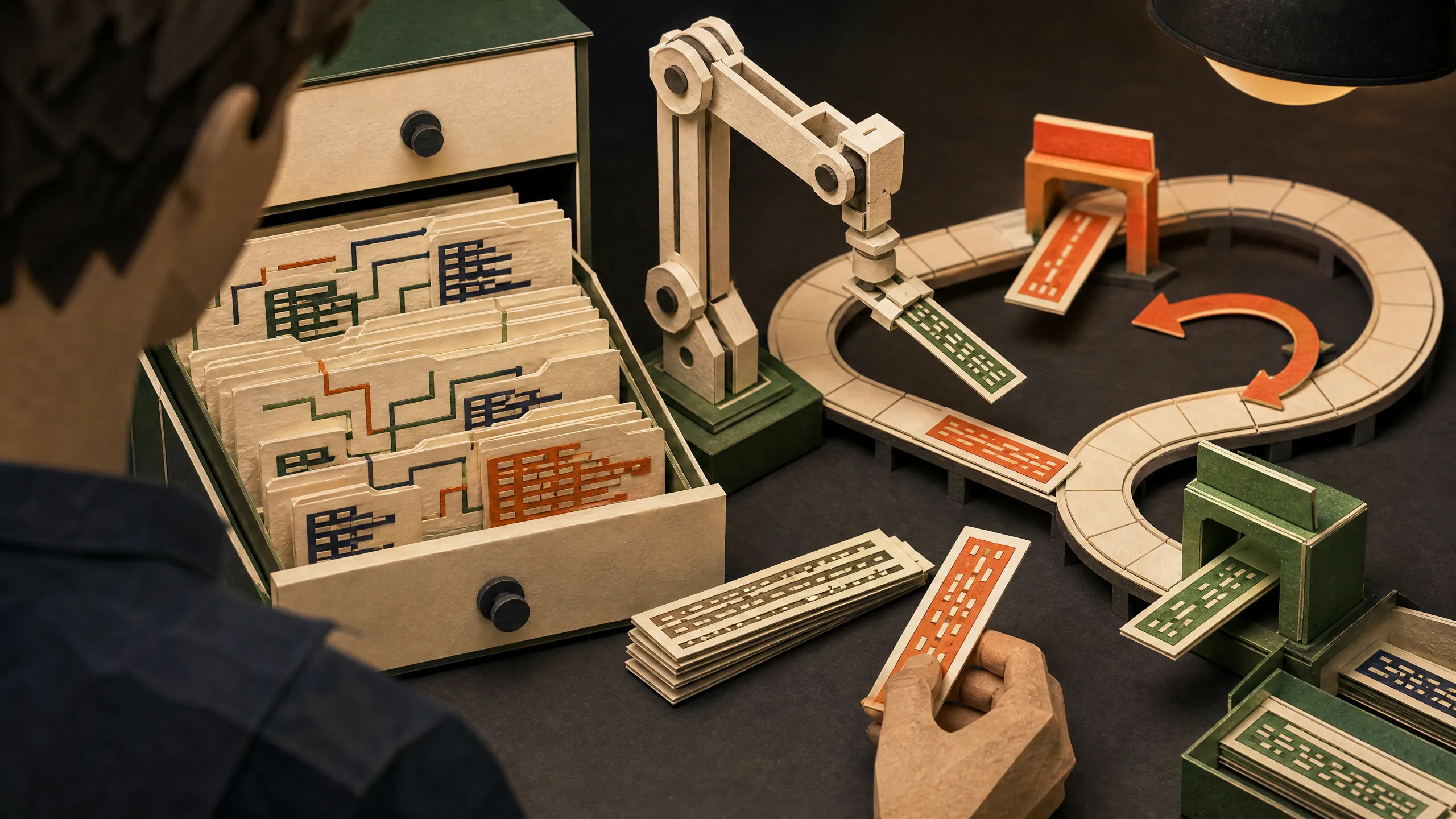 A paper coding arm edits repository file cards as failed and passing code strips circle a test loop.