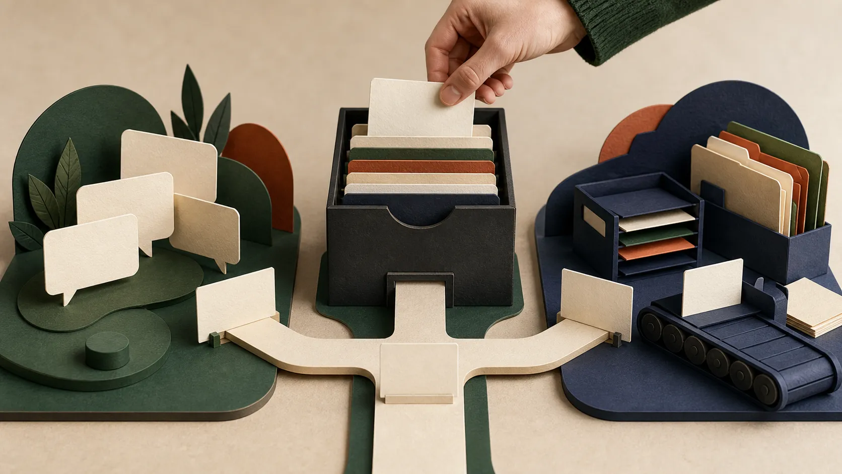 Hand-cut paper memory cabinet sending corrected context cards to separate conversation and Cowork task workstations