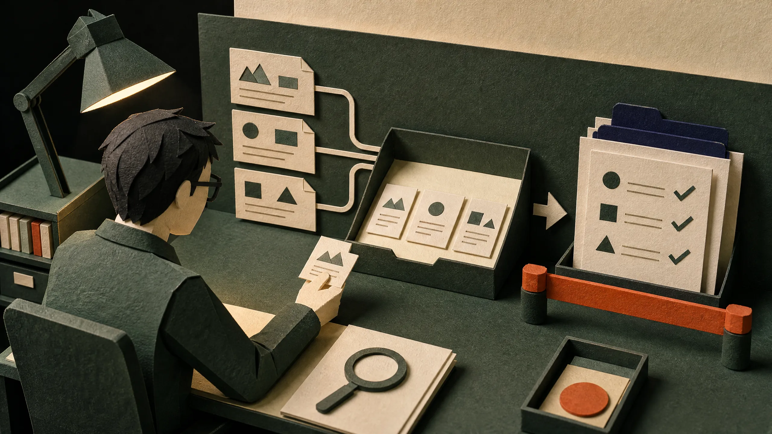 Paper diorama of one focused research workspace turning three sources into a checked report behind an approval barrier.