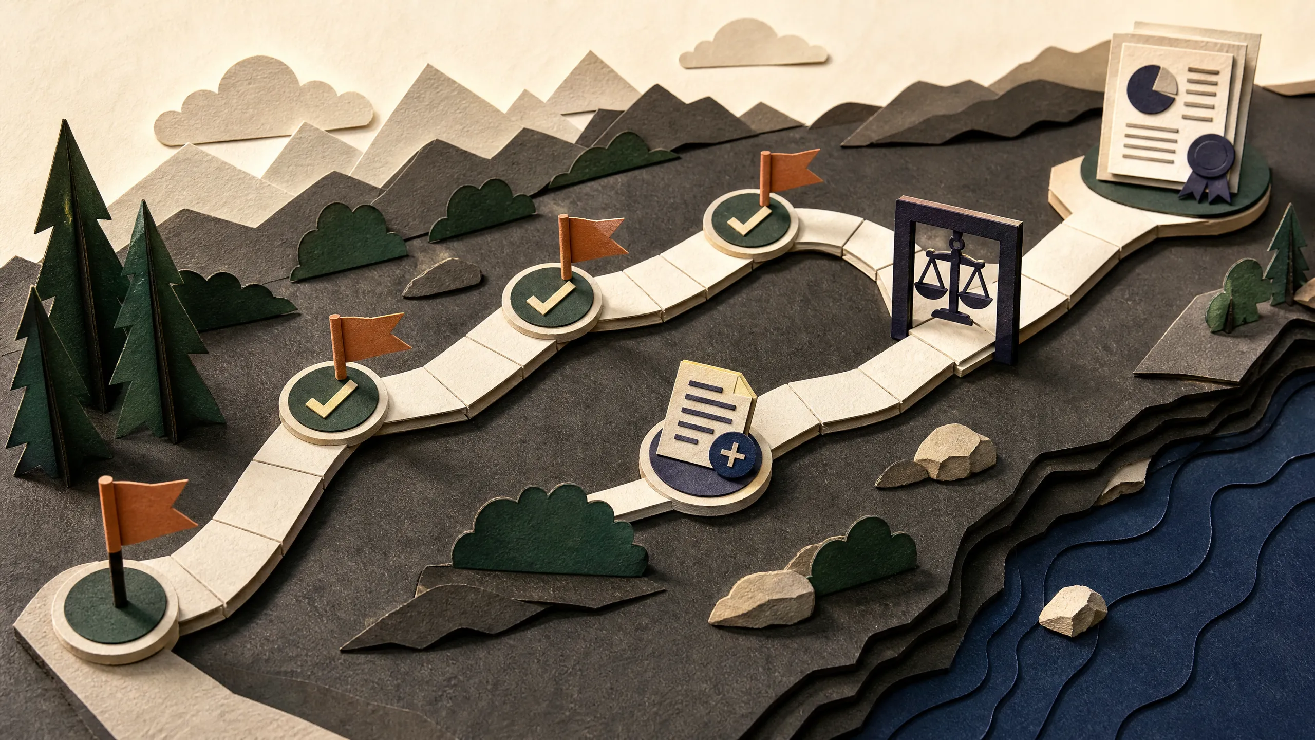 Hand-cut paper trail moving through checkpoints and a verification gate to a finished report