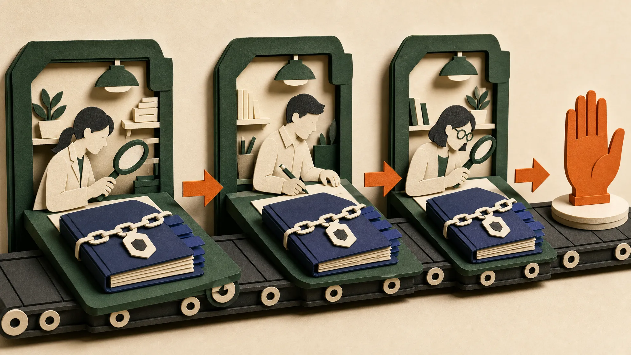 Paper diorama of a linked evidence folder handed from researcher to writer to reviewer.