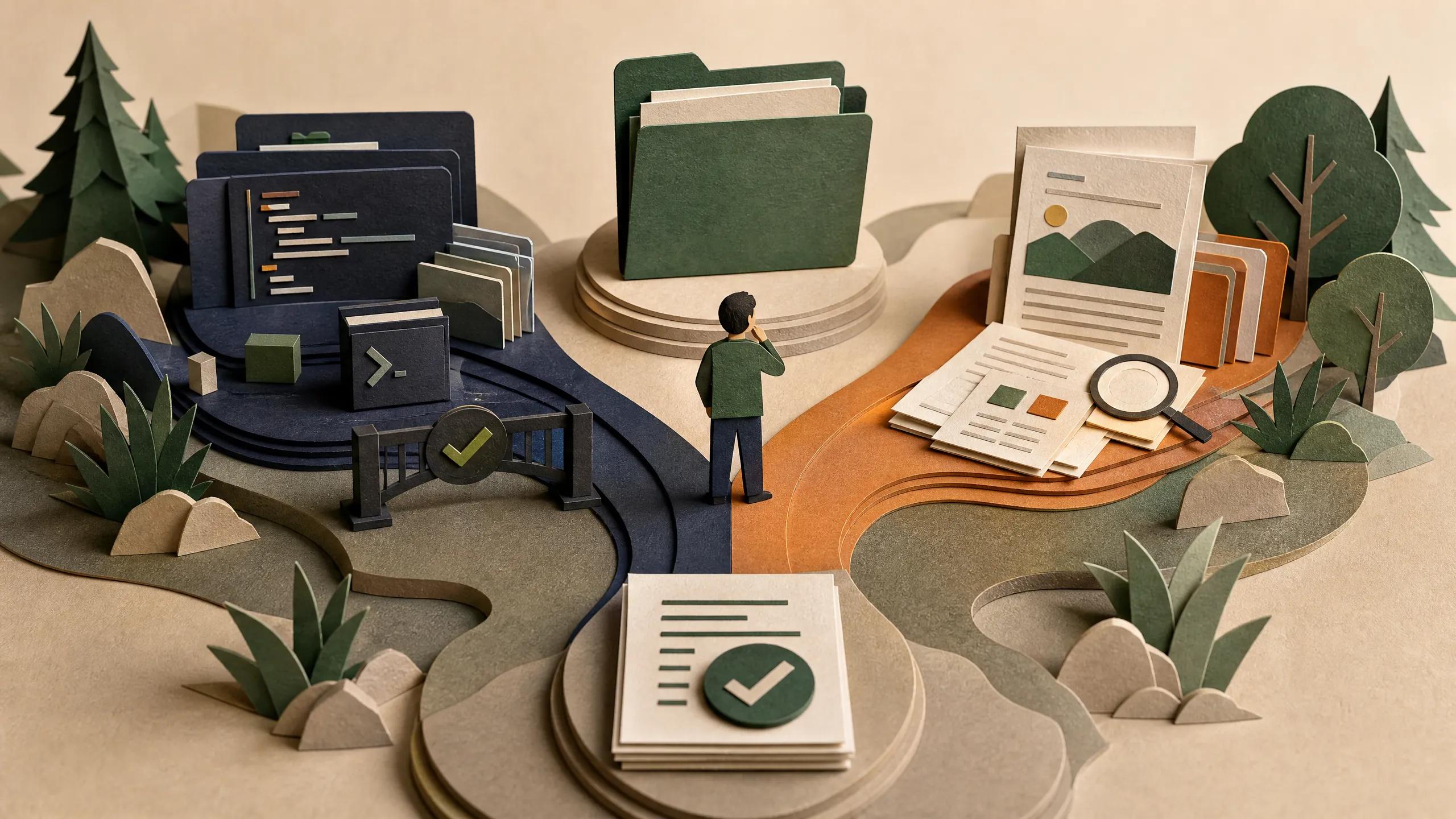 Hand-cut paper workspace boundary surrounding one document as inspection, plan, change, and verification cards move through a controlled loop.