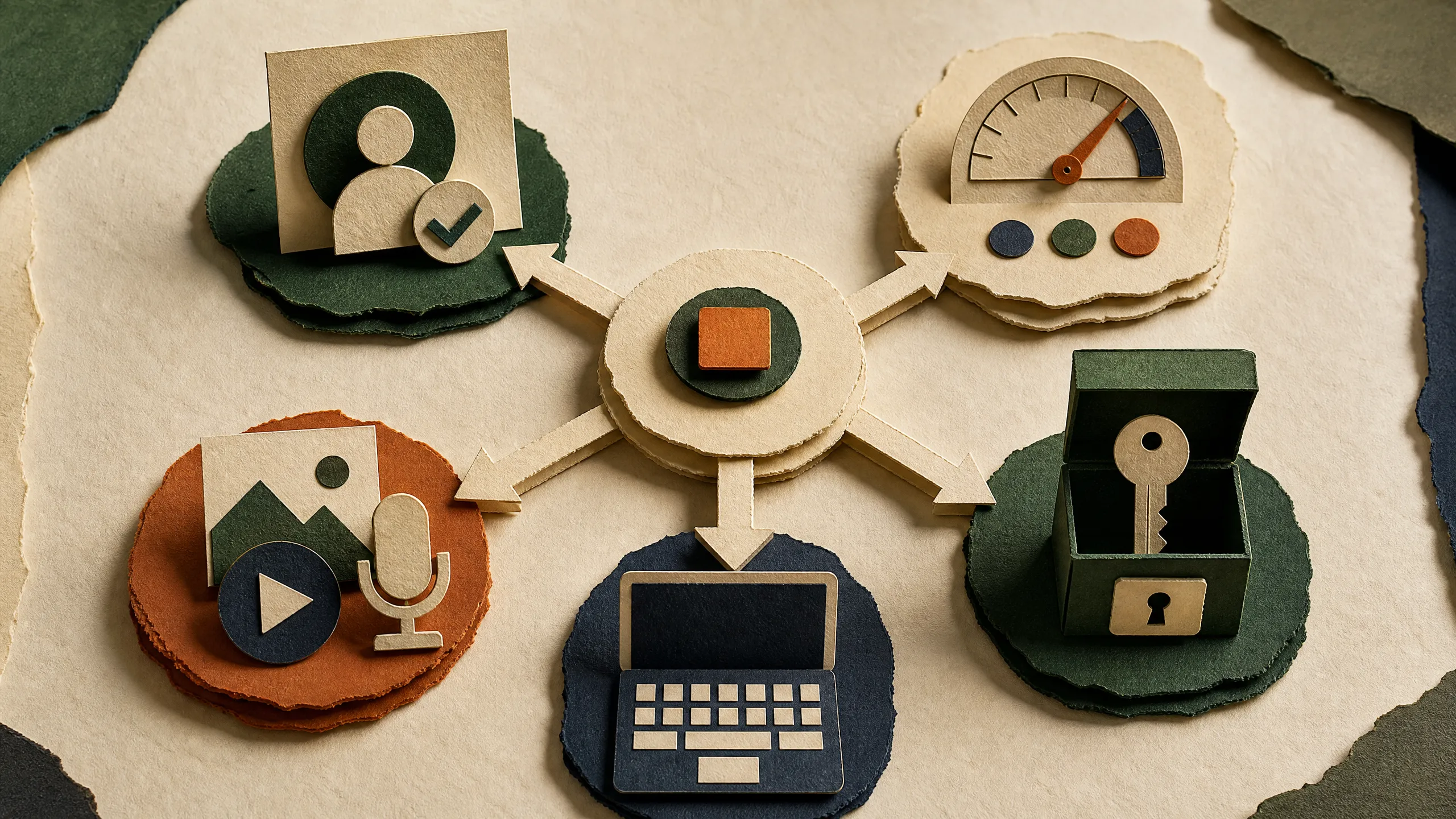 Hand-cut paper decision desk separating desktop usage, secure model settings, mcode coding work, and mmx media commands.