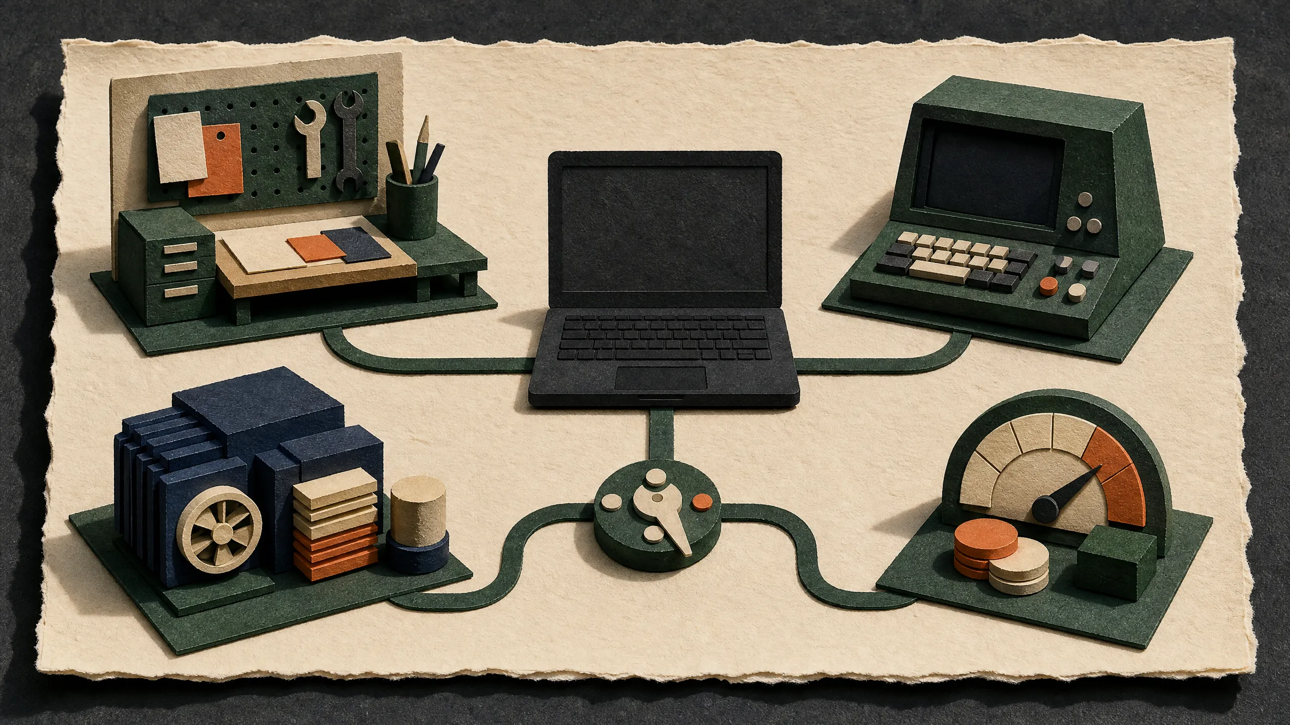 Hand-cut paper workbench separating a desktop agent, coding model, usage meter, terminal tool, and API connection into clear paths.