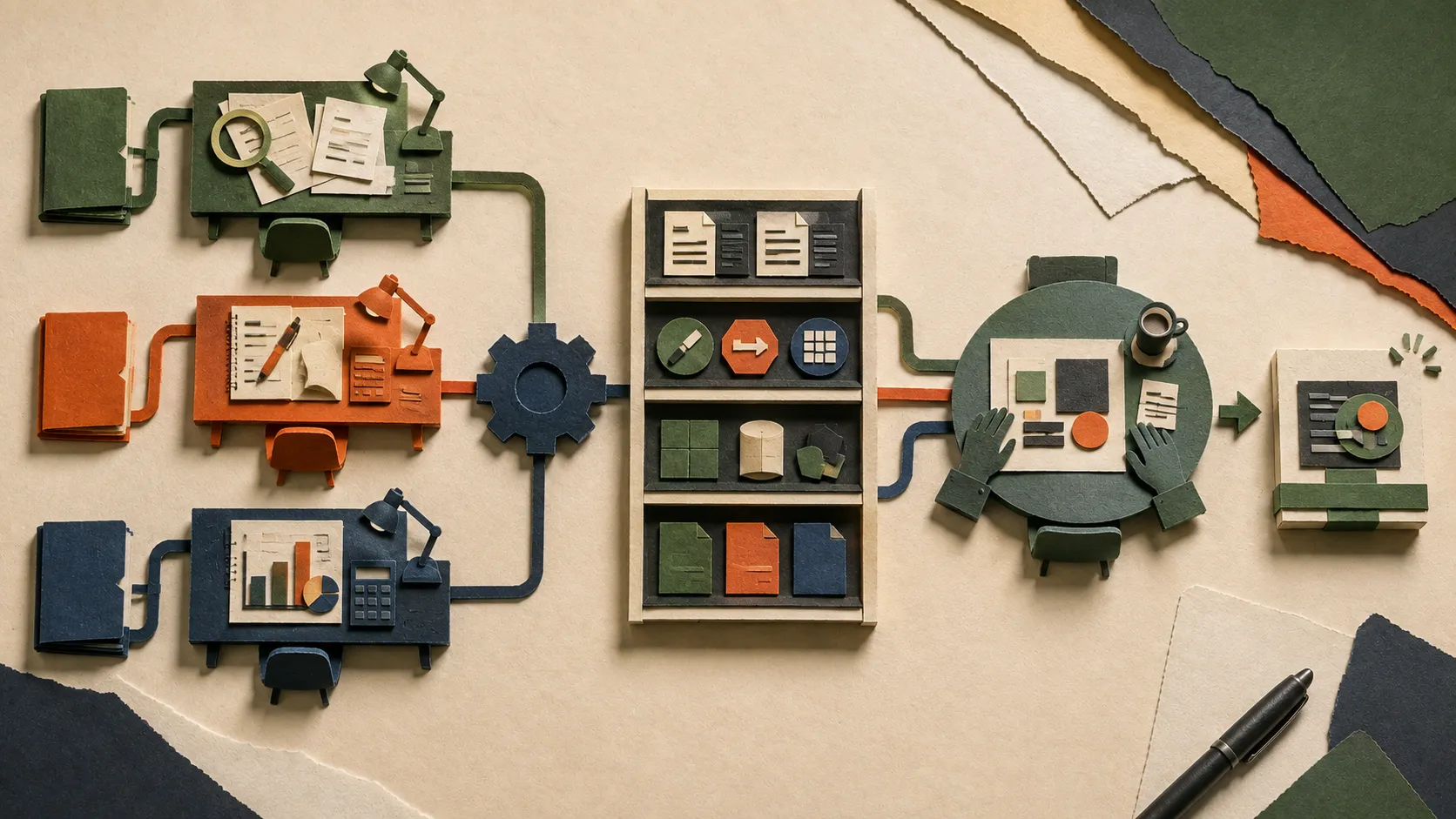Three paper specialist workstations connected to one governed project shelf and a combined deliverable on a human review table.