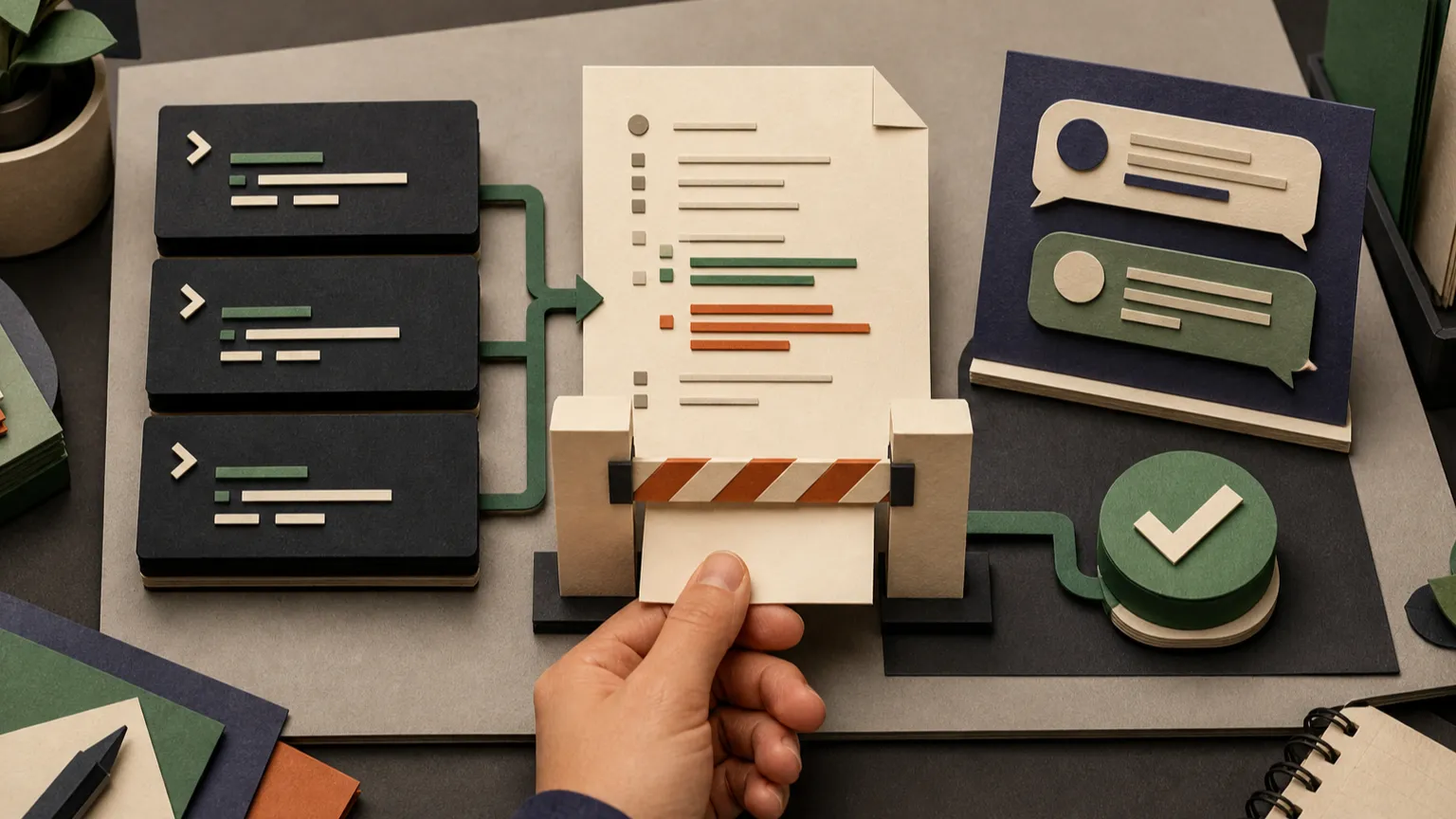 Hand-cut paper terminal blocks flowing through a human approval gate into a checked result beside an agent conversation.