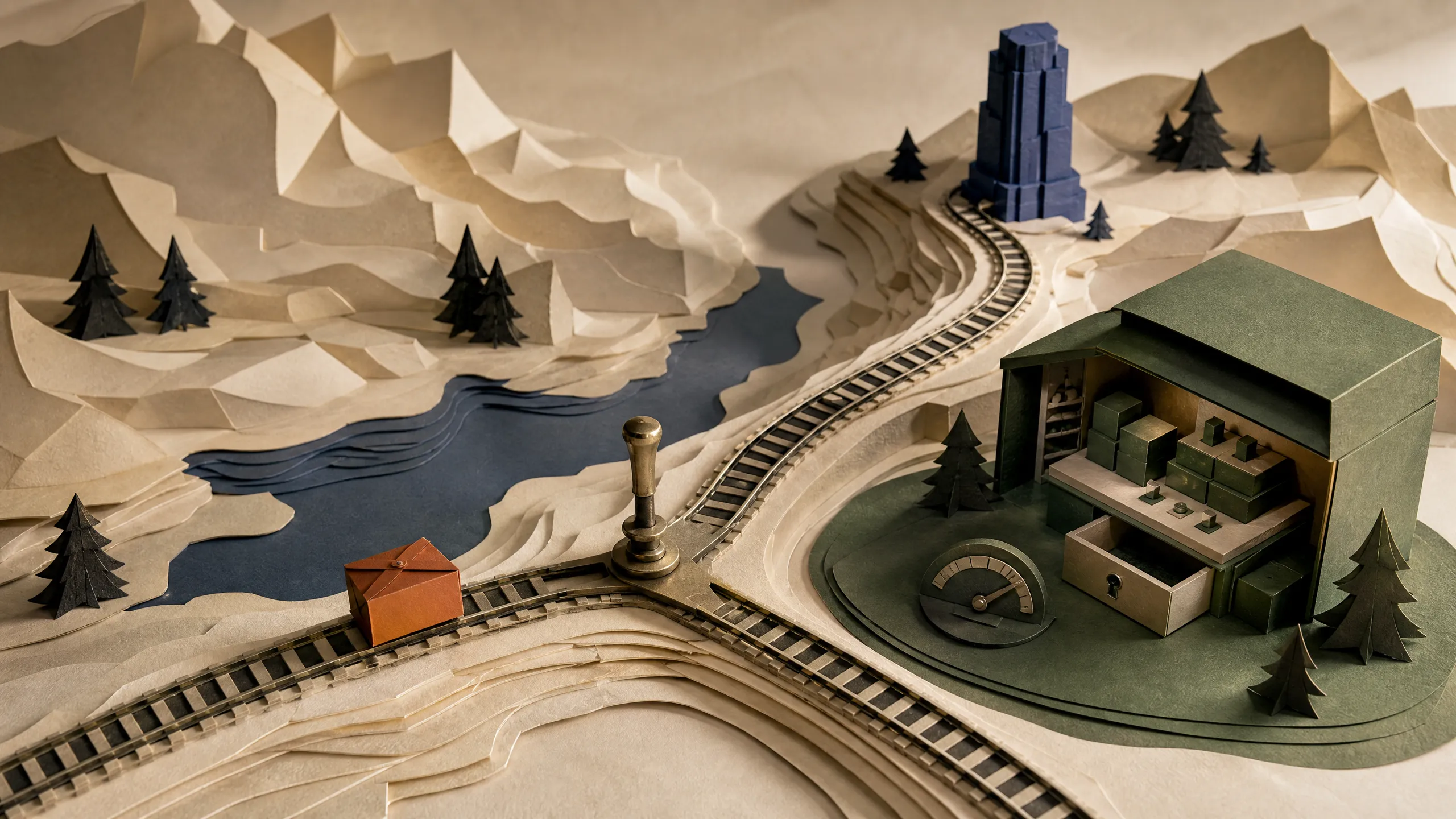 A task parcel reaches a railway switch between a remote compute tower and a local open-weight workshop.