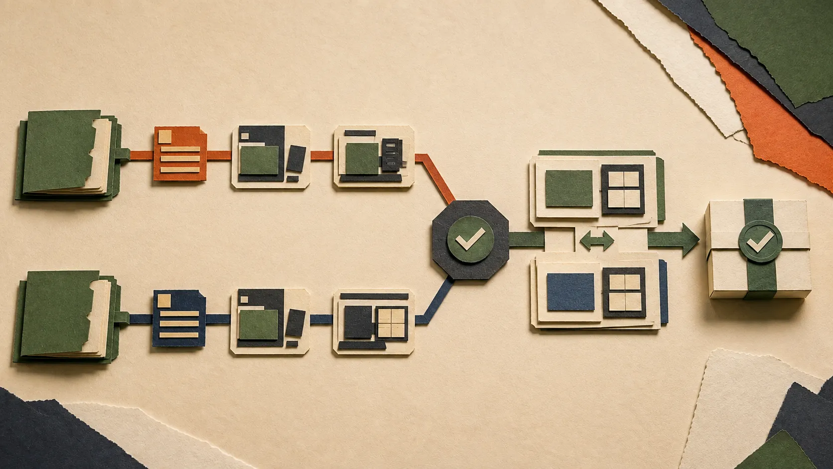 Two isolated paper app-building lanes converging through tests and changed-file review into one checked deliverable.