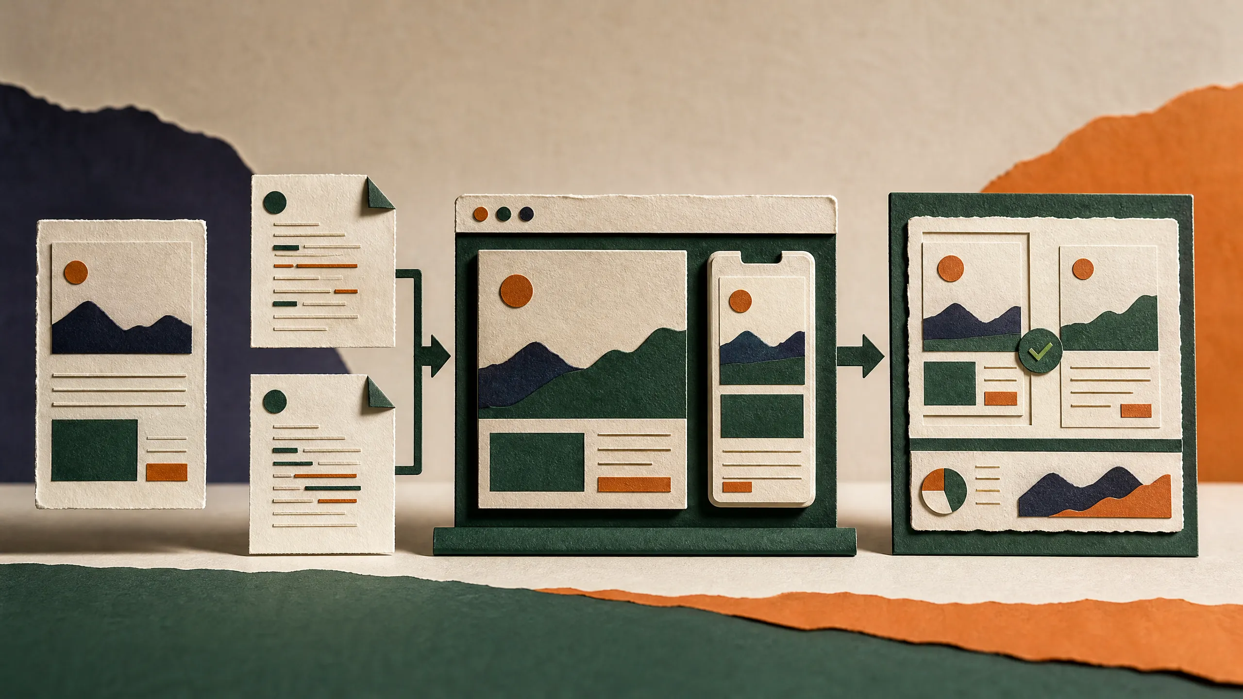 Hand-cut paper browser with desktop and mobile previews comparing a supplied screenshot against a checked web page.