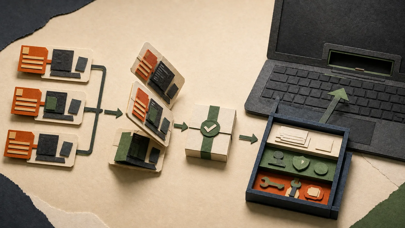 Repeated paper task cards folding into an inspectable skill cartridge before installation into a laptop workbench.