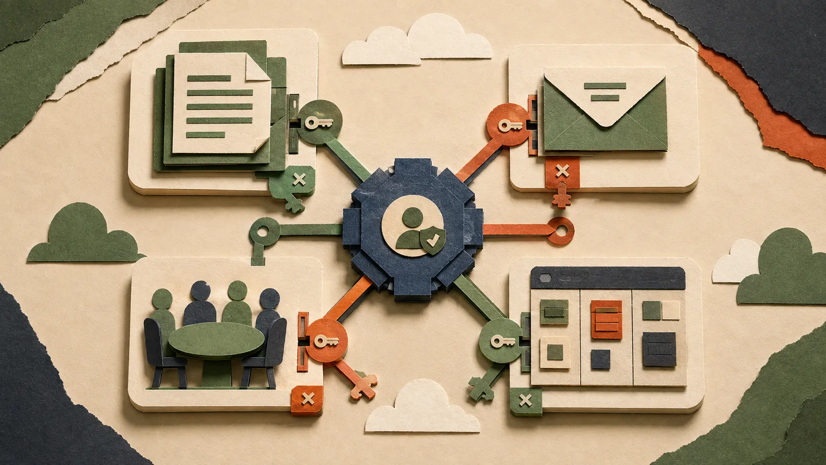 Paper documents, mail, meetings, and project records connected through a central hub with a separate key and revoke tab on every path.