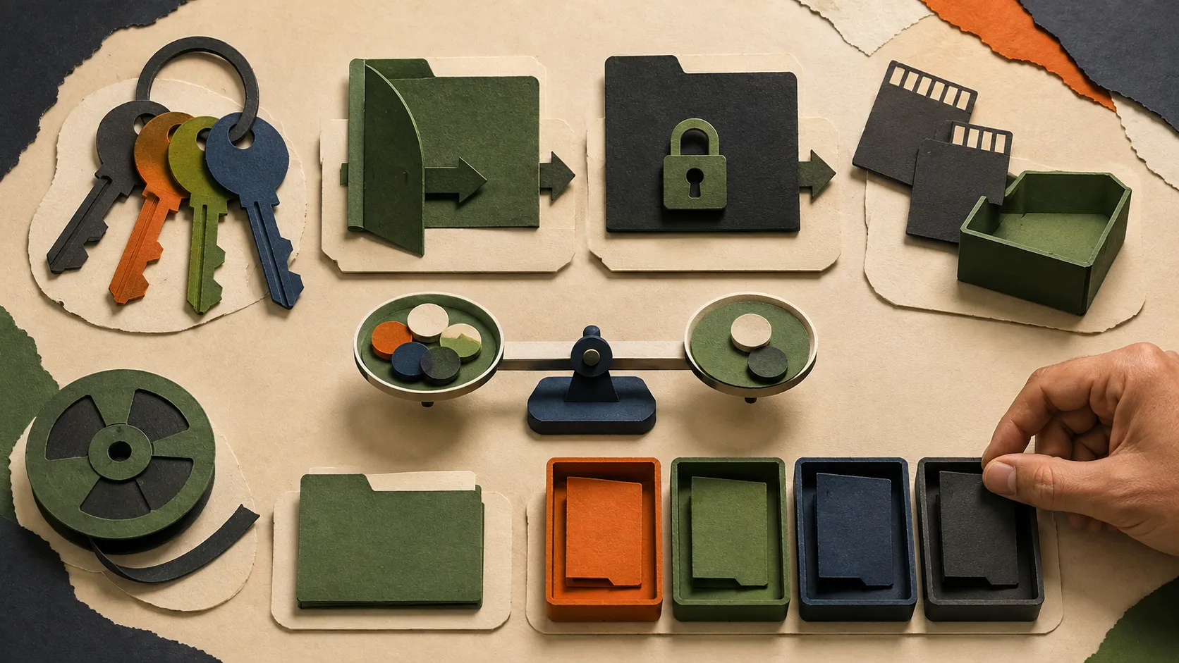 Paper keys, file gates, blank memory cards, usage tokens, and a backup reel arranged for a human control audit.