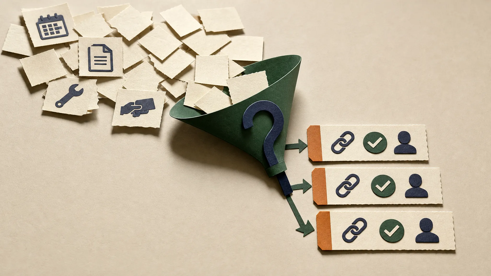 Paper diorama of loose work notes passing through a reverse-question funnel into three ranked task cards.