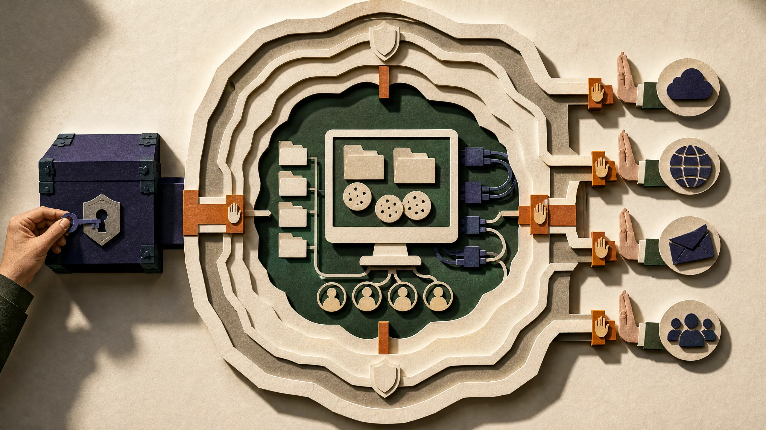Top-down paper security map protecting one shared computer with secret, permission, and approval boundaries.