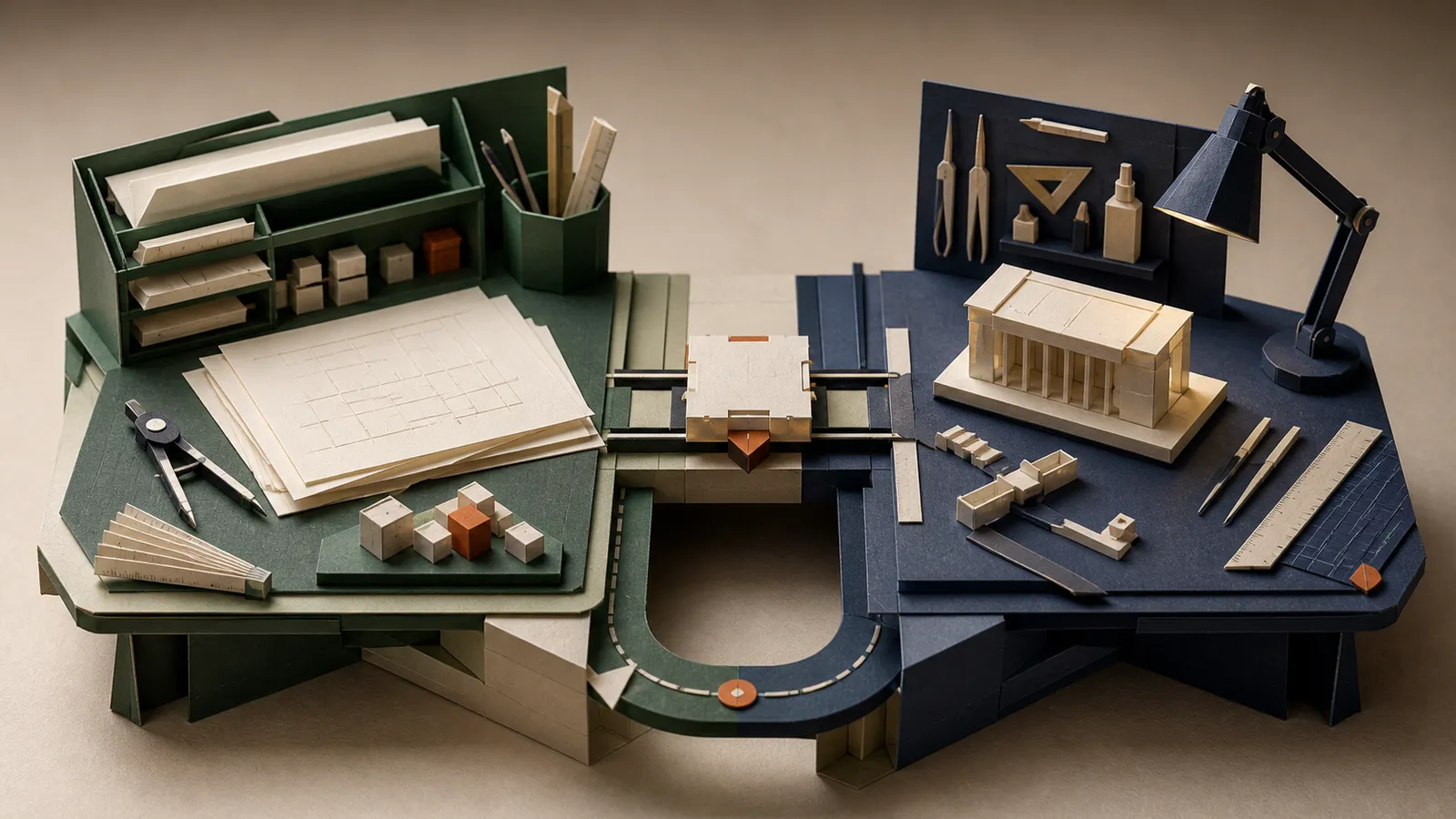 A handcrafted paper workbench passes a planned task from a blueprint station to a cooperative assembly station.