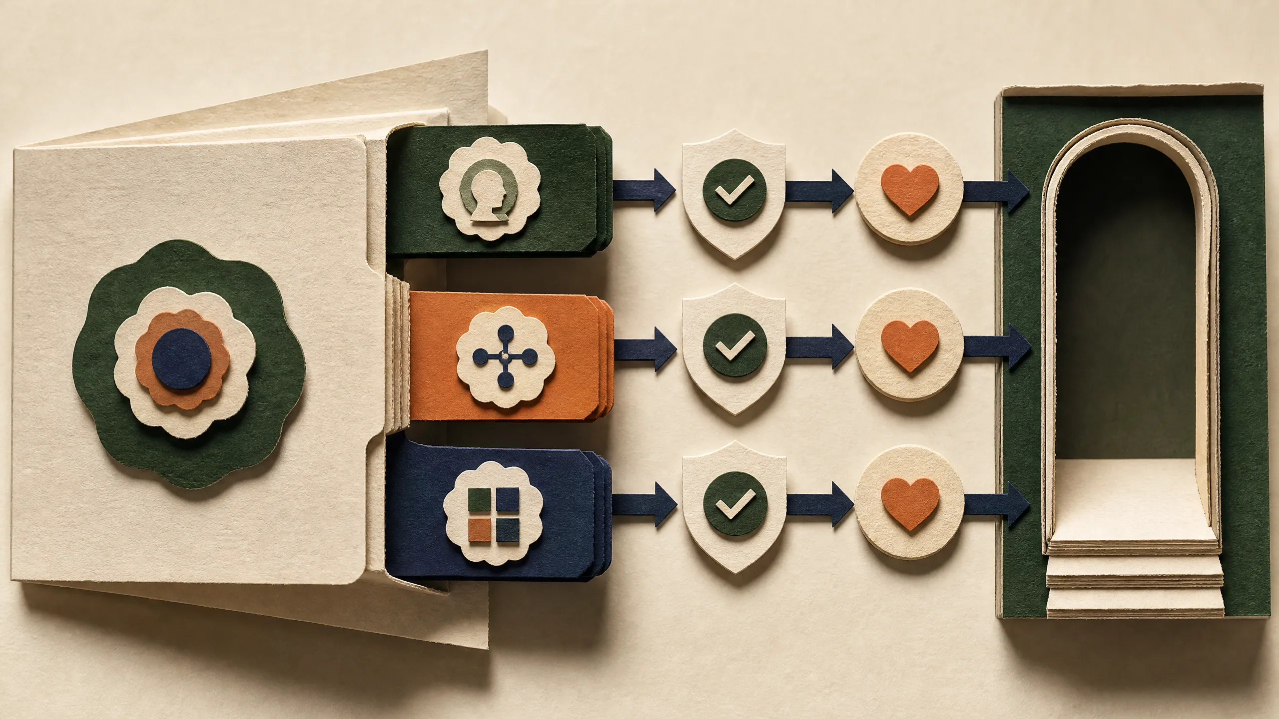Hand-cut paper connection board separating a reusable skill, local MCP server, authorized app, and checked tool result.