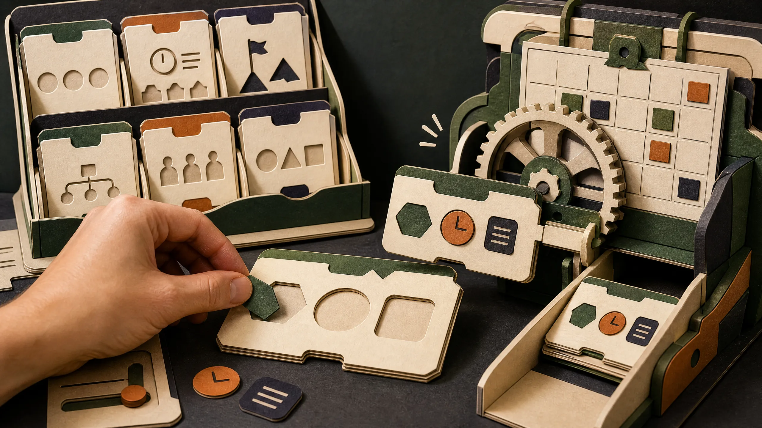 Hand-cut paper template catalog feeding a reviewed schedule card into a calendar machine