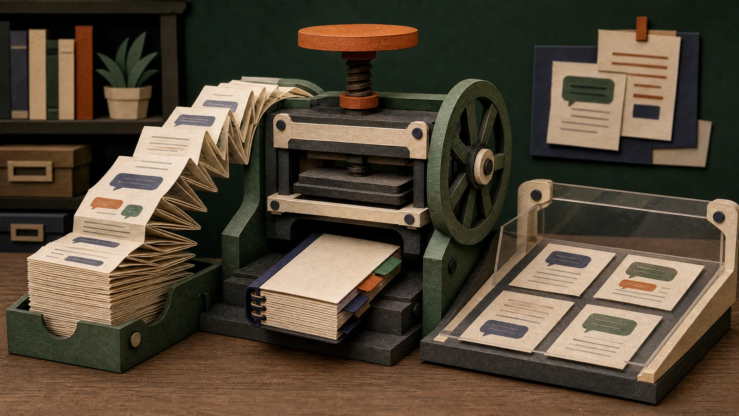 Hand-cut paper notes passing through a compression press while the newest cards remain untouched