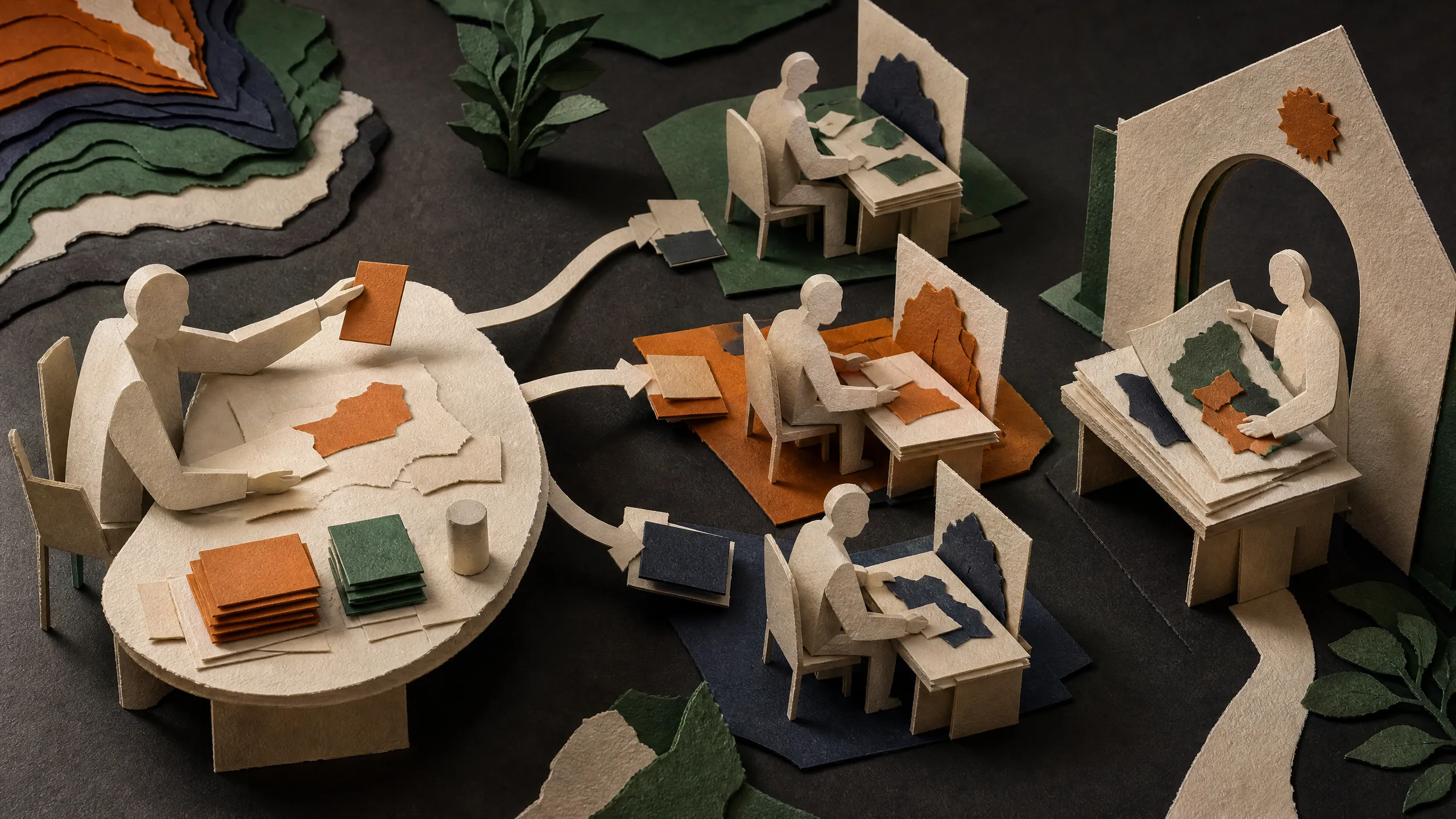 Hand-cut paper leader desk coordinating two bounded workers and an independent verifier around one checked deliverable.