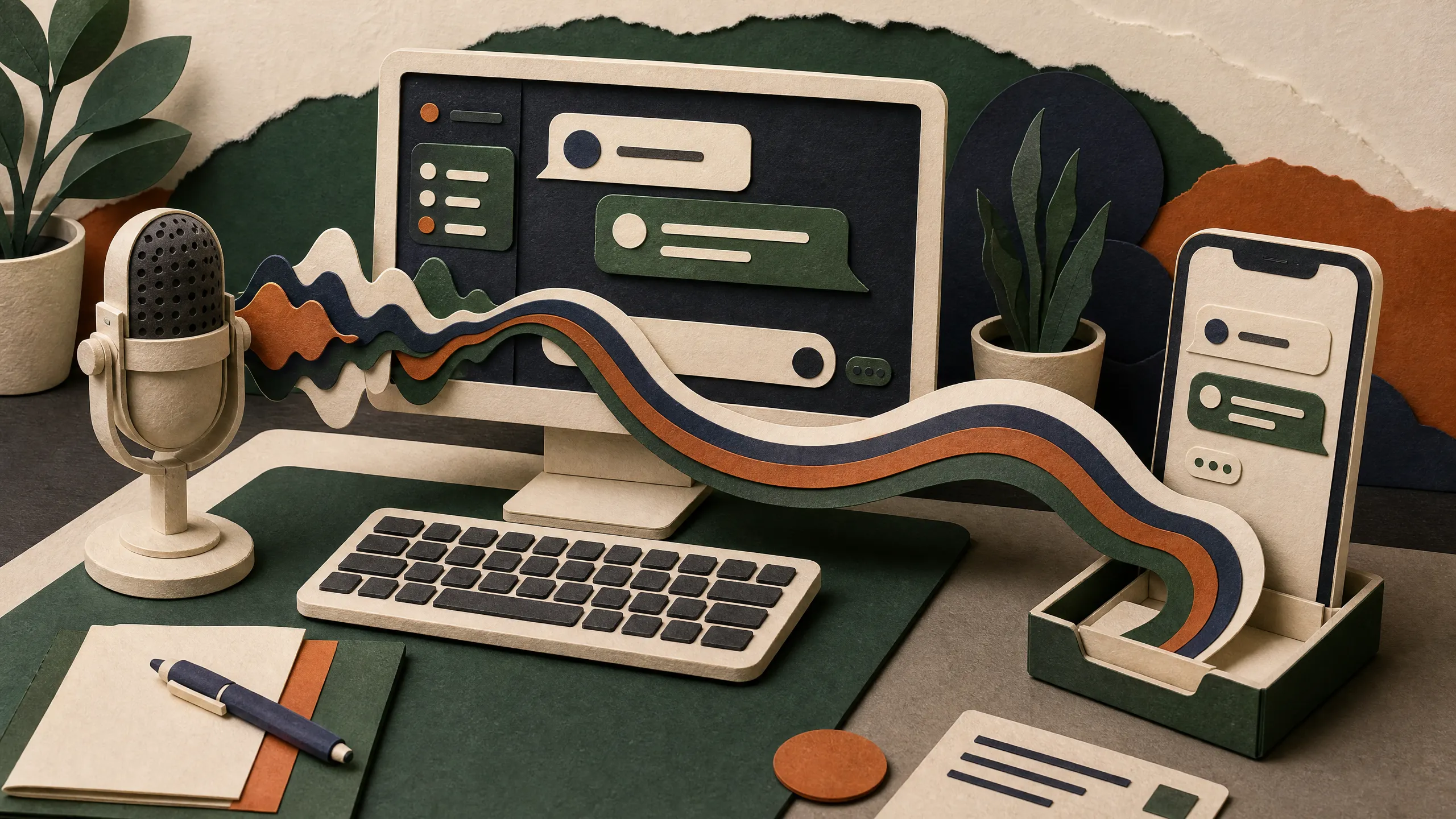 Hand-cut paper microphone and local listening dial passing a conversation ribbon from laptop to phone