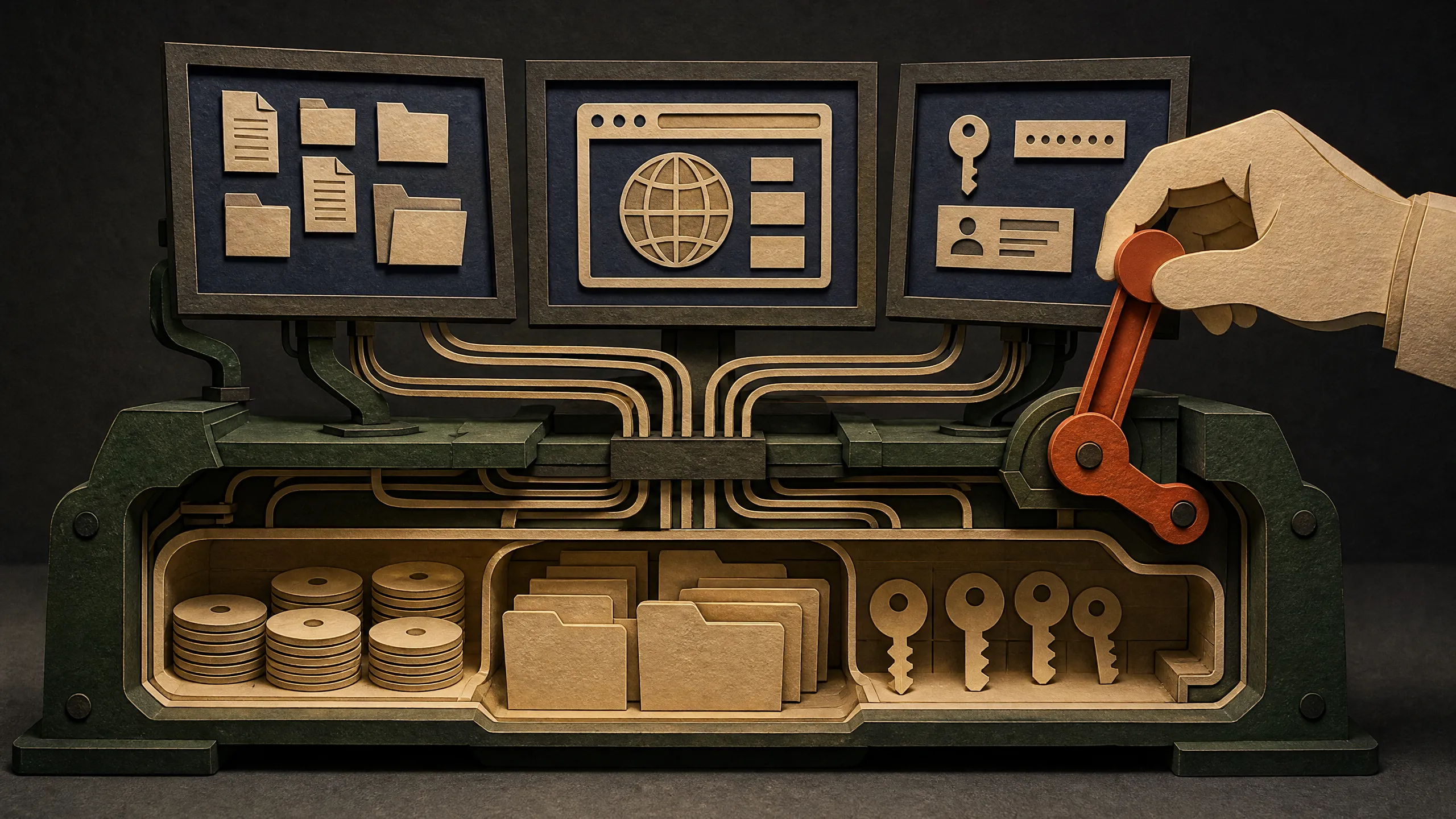 Paper cutaway of three agent screens wired to one shared computer base as a human takes control.