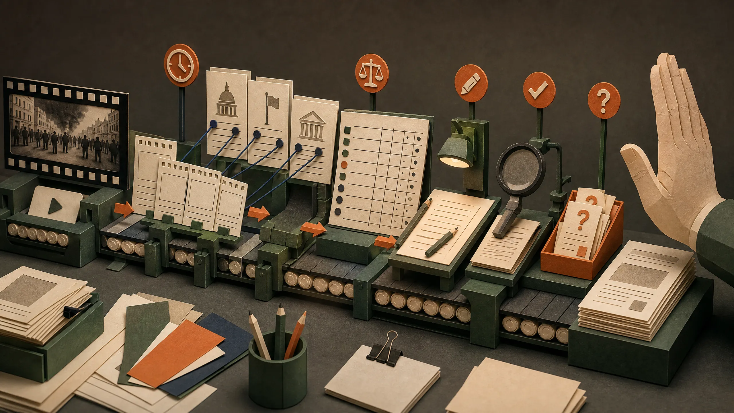 Paper production line turning one video into source notes, a checked draft, and an article stopped at human approval.