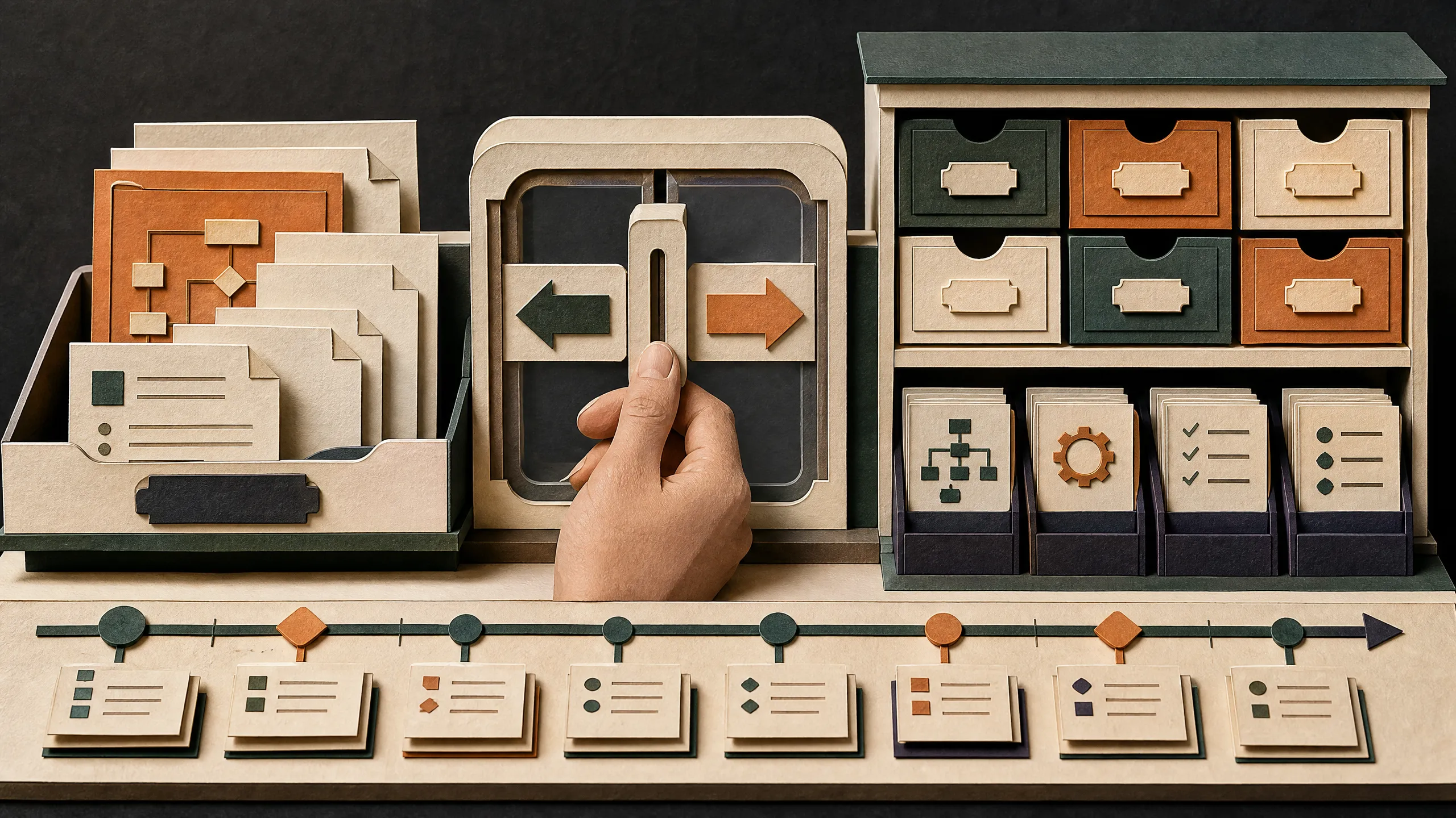 Hand-cut paper approval desk sorting personal facts and reusable workflows into separate reviewed archives