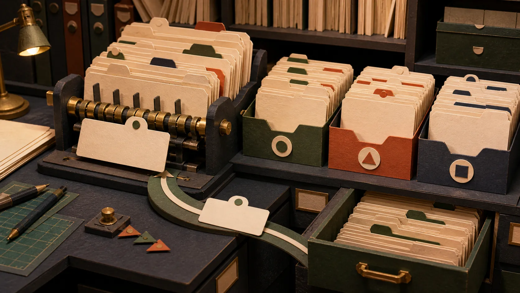 Hand-cut paper workshop sorting reusable instruction cards into active, waiting, and recoverable archive trays