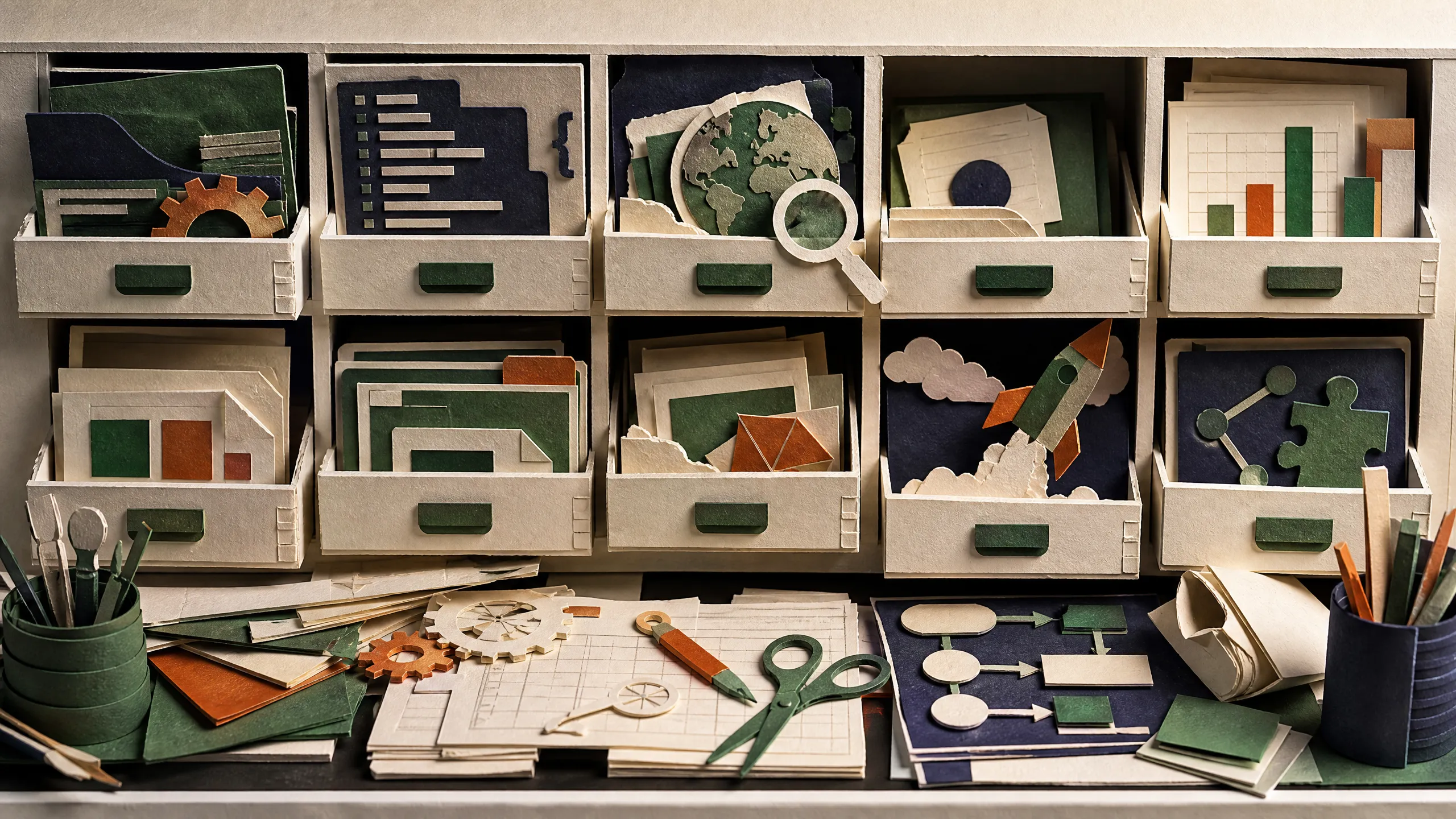 Hand-cut paper catalog drawers sorting code, research, browser, document, website, connector, and agent skill cards.