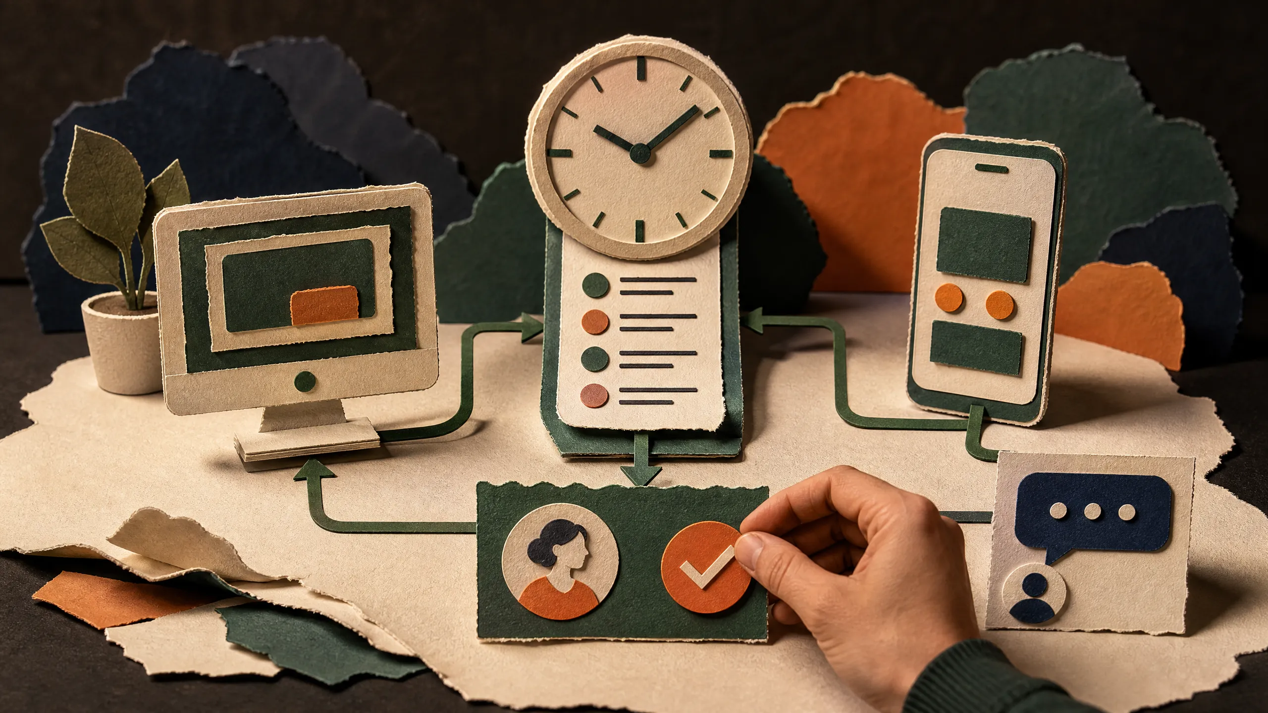 Hand-cut paper desktop connected to a guarded schedule card and a private phone channel with a human approval stop.