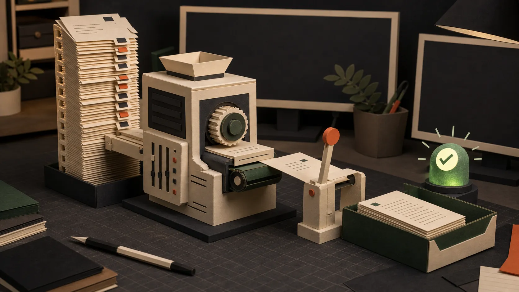 Hand-cut paper coding workstation feeding a tall repository stack through a model engine, human approval lever, and green test gate